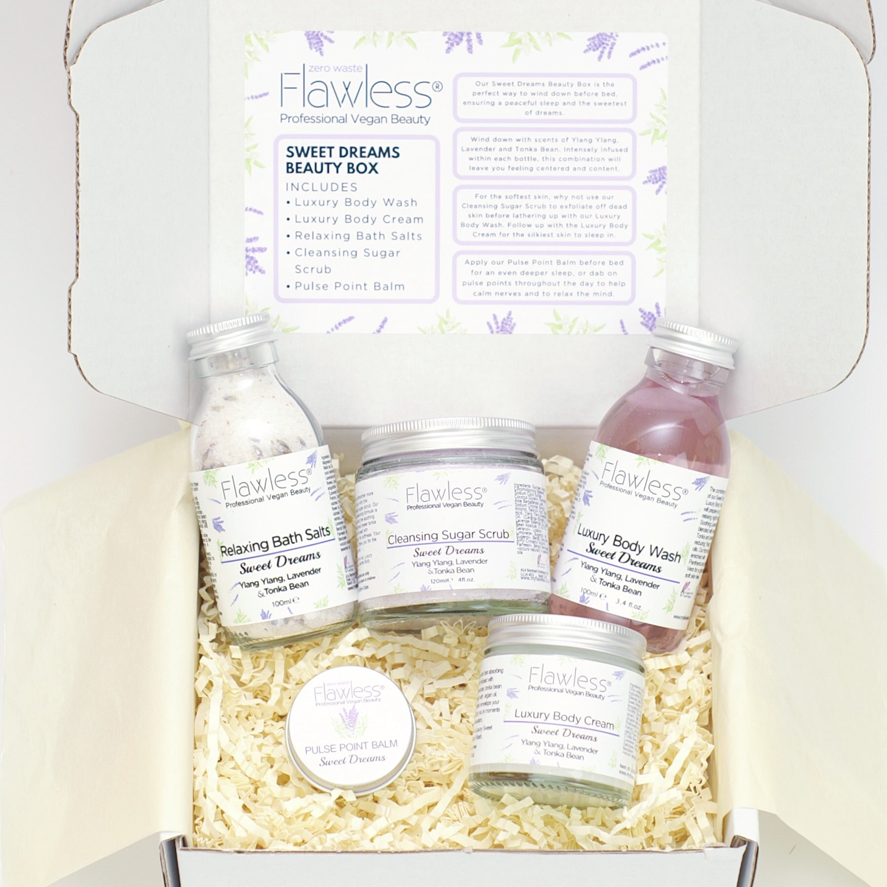 Sweet Dreams Beauty Gift Set featuring five luxury vegan products in eco-friendly packaging, including bath salts, body wash, body cream, sugar scrub, and pulse point balm.