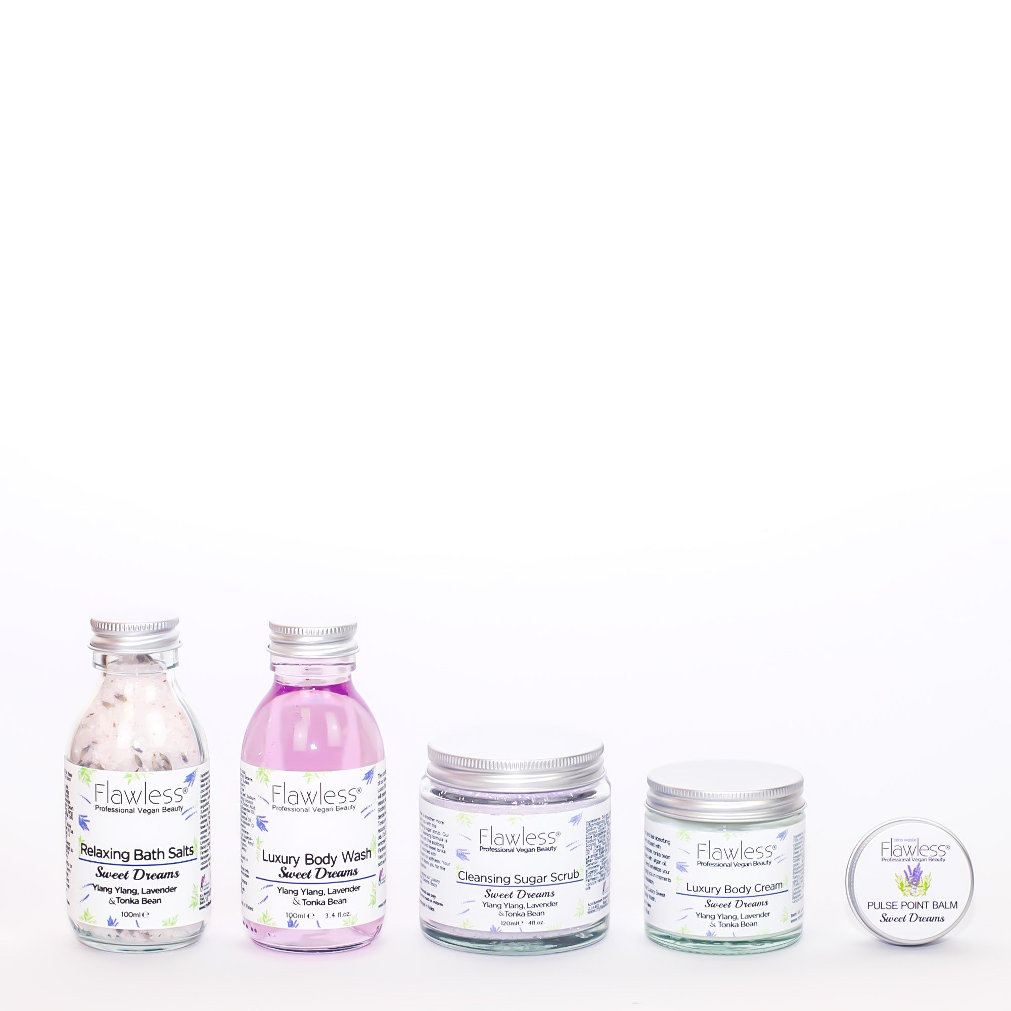 Sweet Dreams Beauty Gift Set featuring five luxury vegan products in eco-friendly packaging, including bath salts, body wash, body cream, sugar scrub, and pulse point balm.