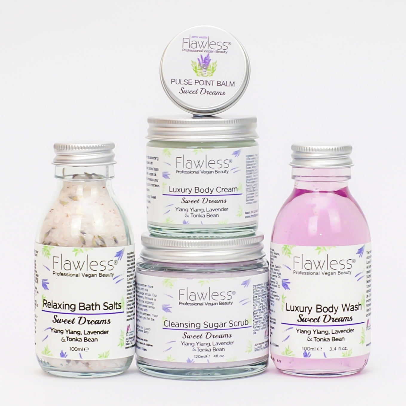Sweet Dreams Beauty Gift Set featuring five luxury vegan products in eco-friendly packaging, including bath salts, body wash, body cream, sugar scrub, and pulse point balm.