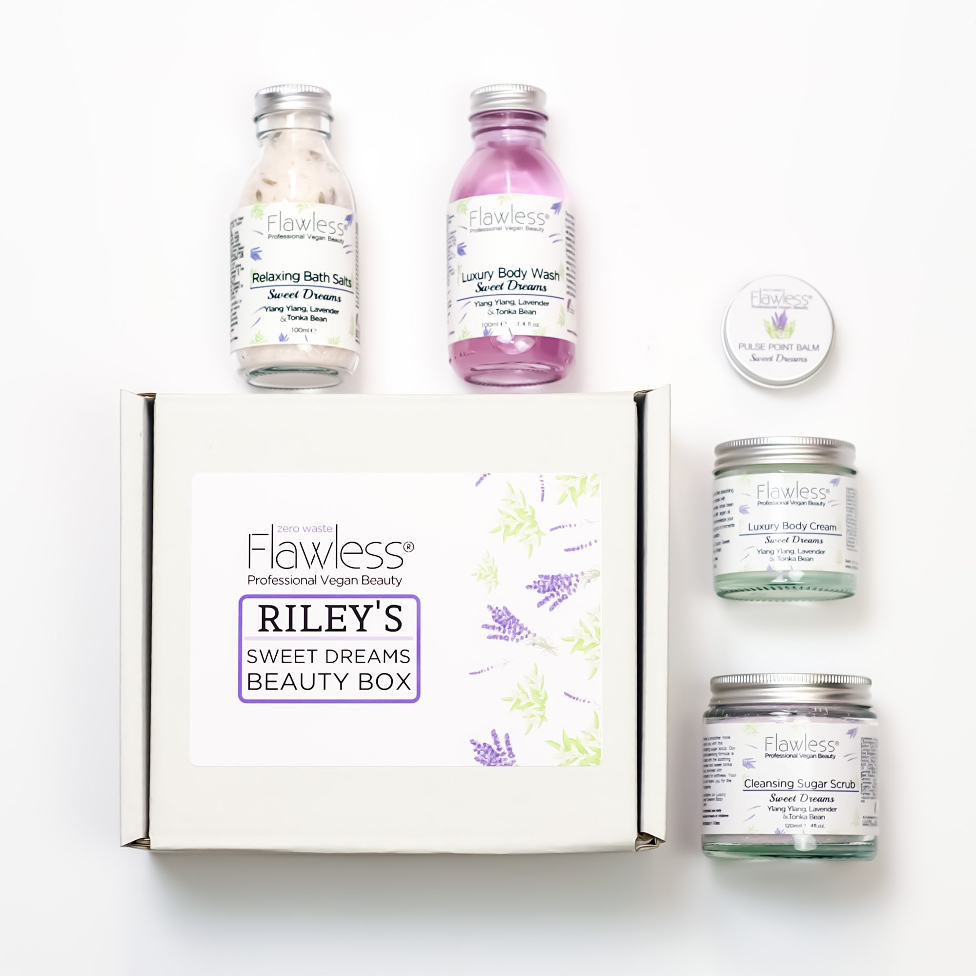 Sweet Dreams Beauty Gift Set featuring five luxury vegan products in eco-friendly packaging, including bath salts, body wash, body cream, sugar scrub, and pulse point balm.