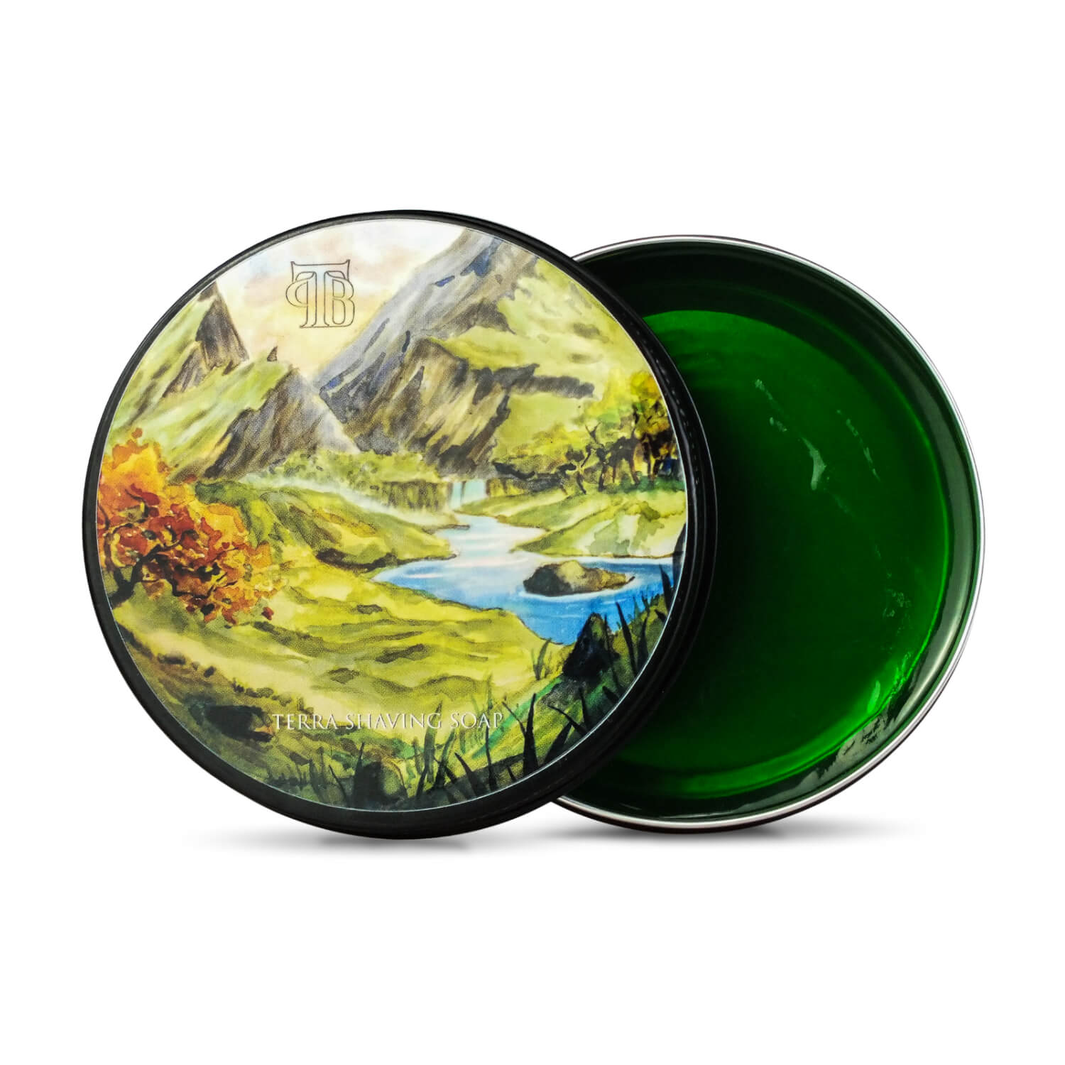 Terra Shaving Soap in a bright green color, showcasing its artisan craftsmanship and vegan-friendly formula.