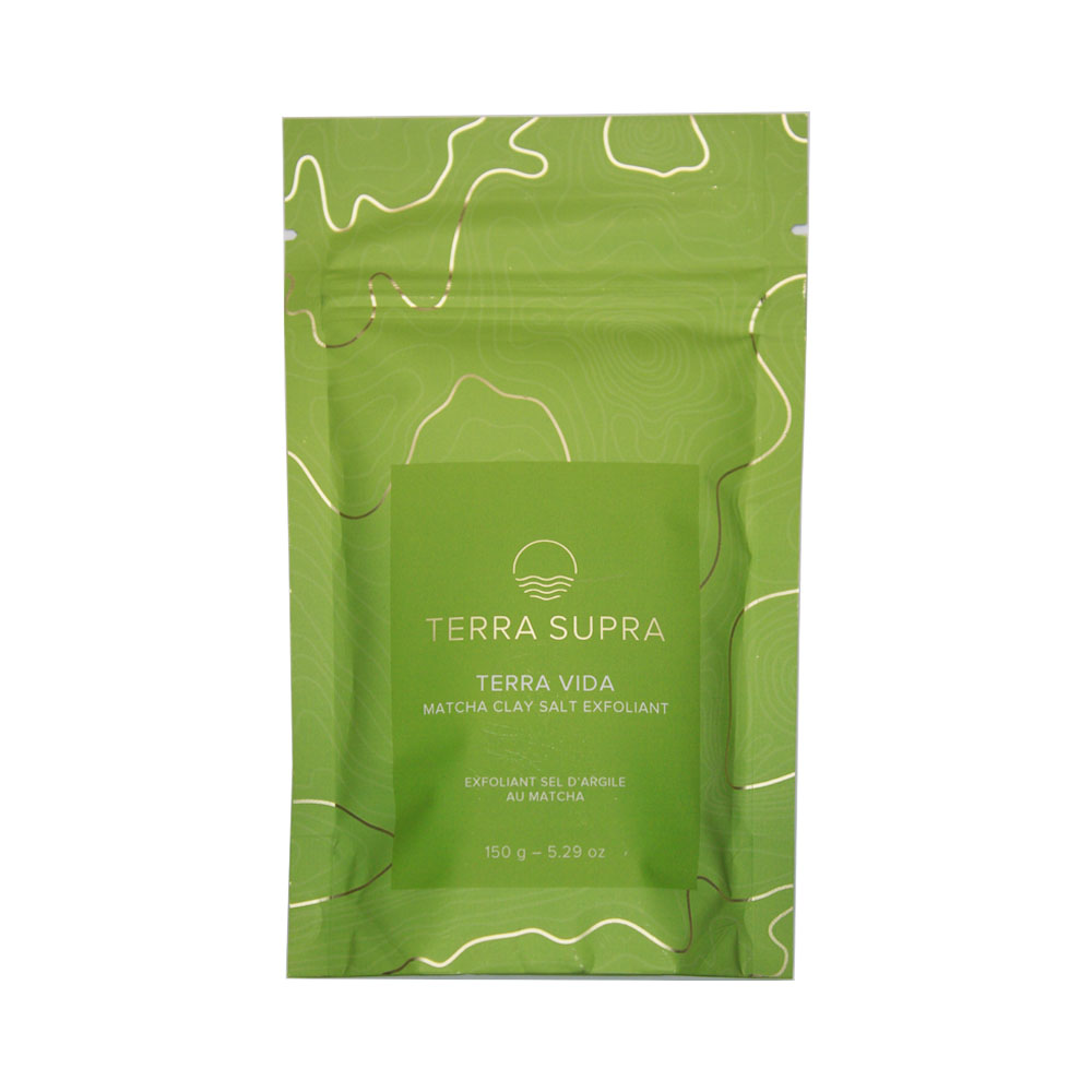 Terra Vida Matcha Clay Salt Exfoliant in a 150g container, showcasing its green matcha color and natural ingredients.