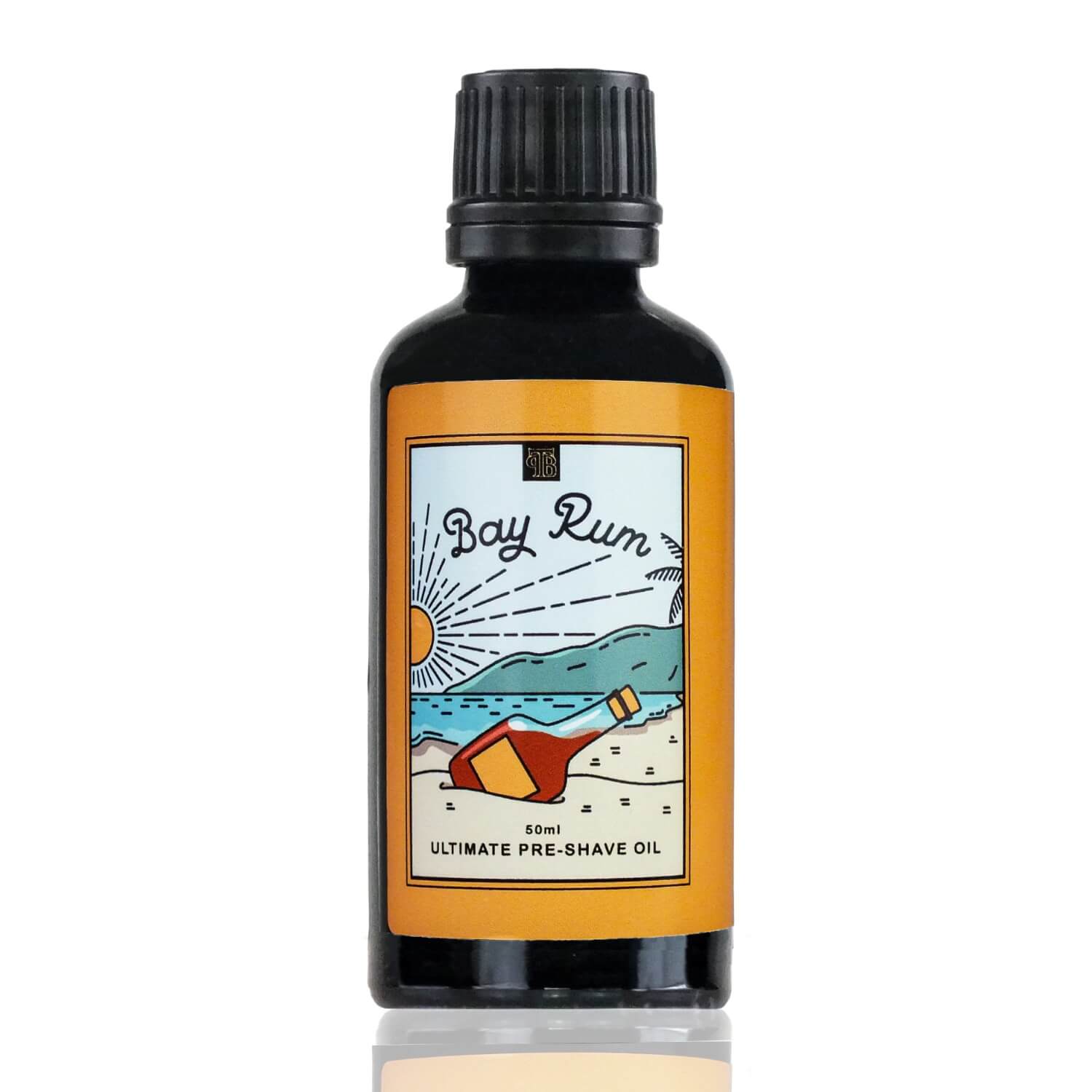 The Personal Barber Bay Rum Ultimate Pre-Shave Oil in a sleek 50ml bottle, showcasing its rich, golden oil and classic design.