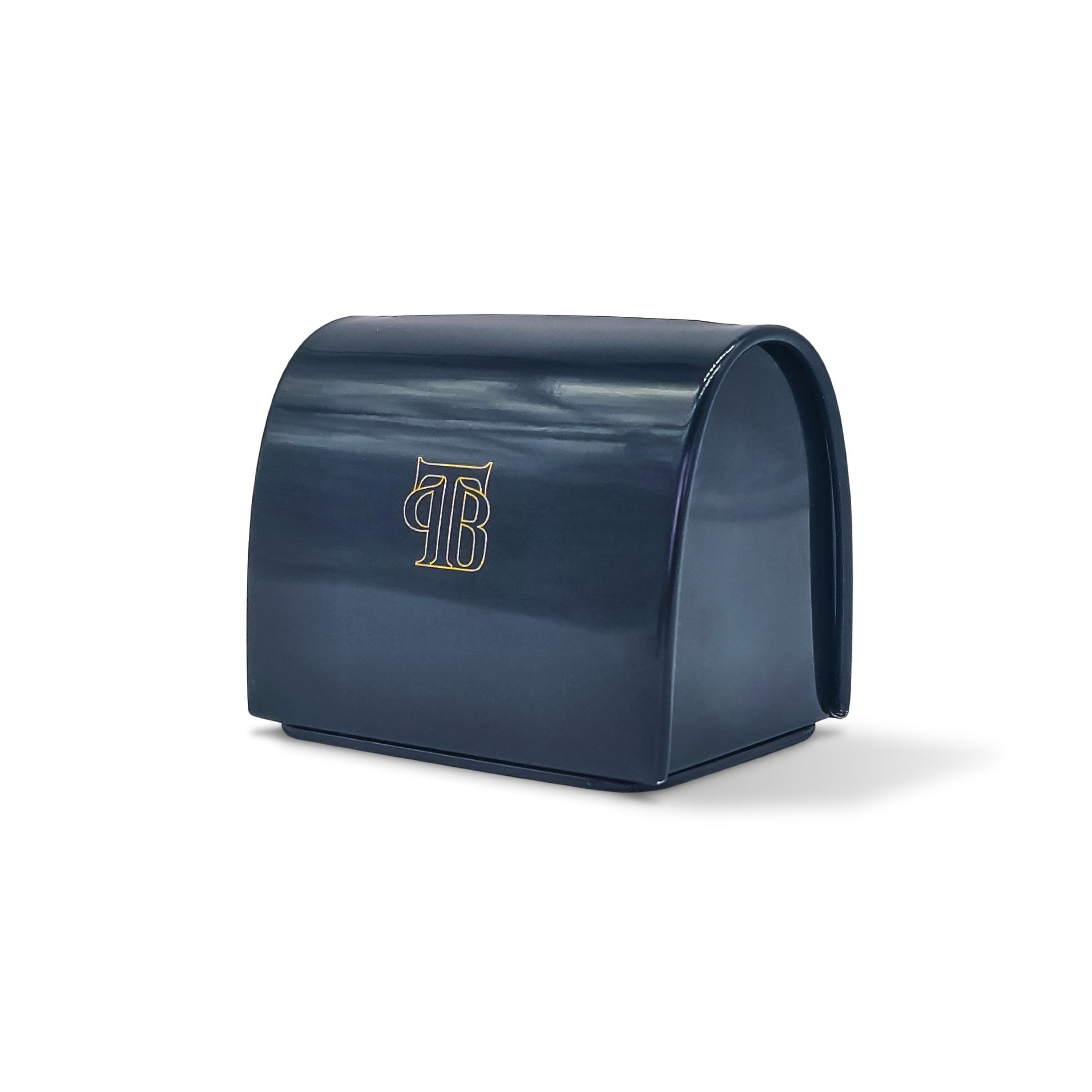 The Personal Barber Blue Blade Bank in gunmetal color, designed for safe disposal of used razor blades.