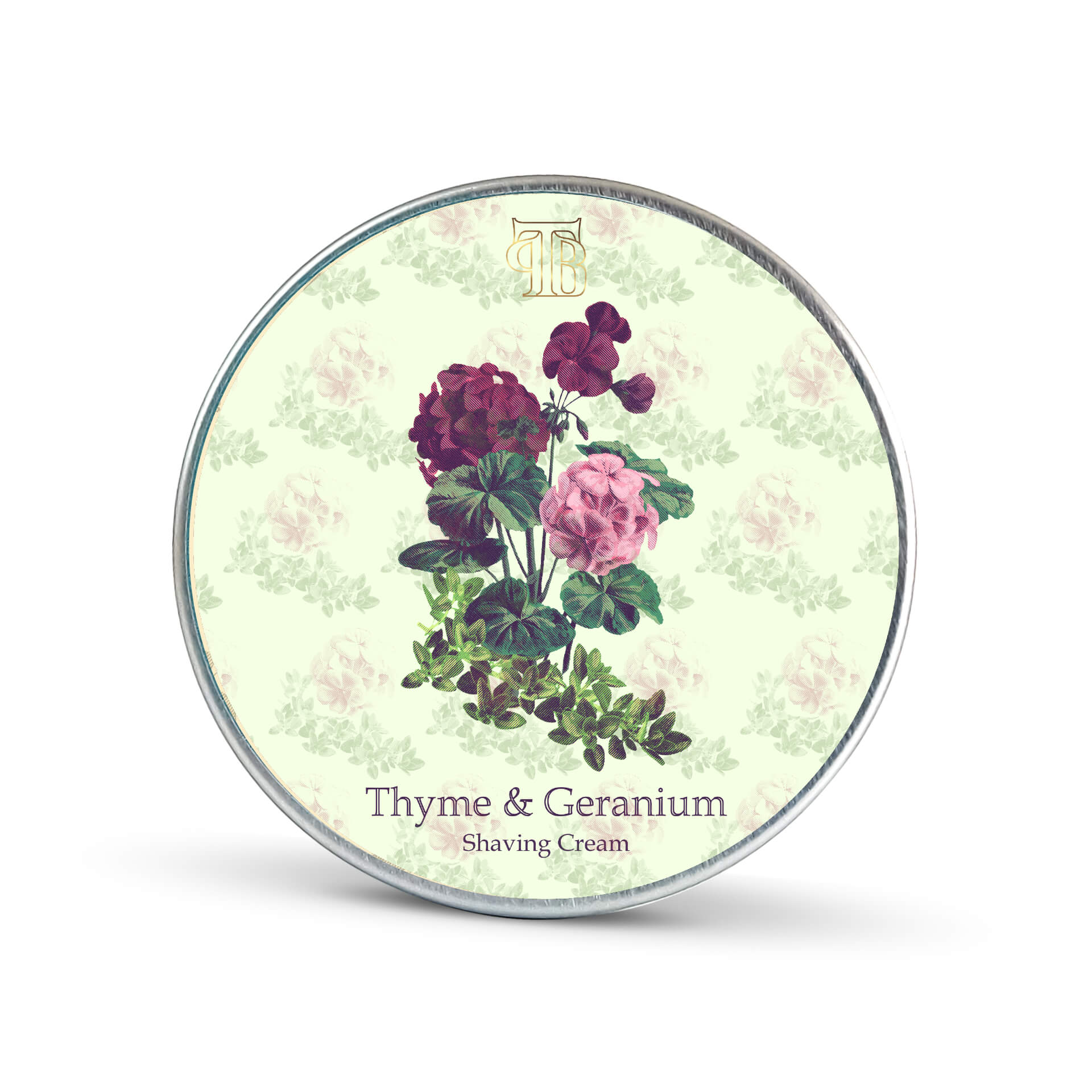 Thyme & Geranium Shaving Cream in a stylish container, showcasing its creamy texture and natural ingredients.