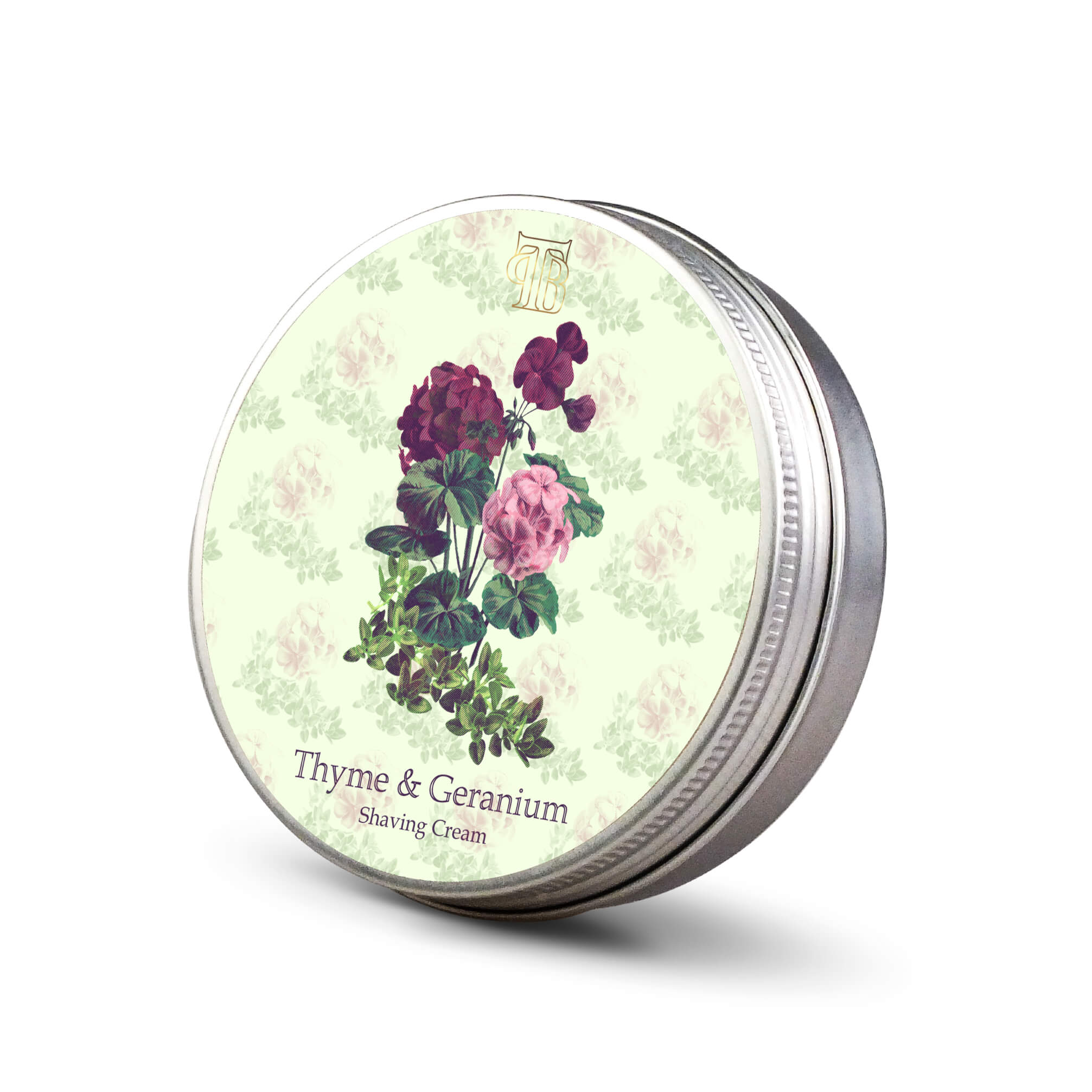 Thyme & Geranium Shaving Cream in a stylish container, showcasing its creamy texture and natural ingredients.