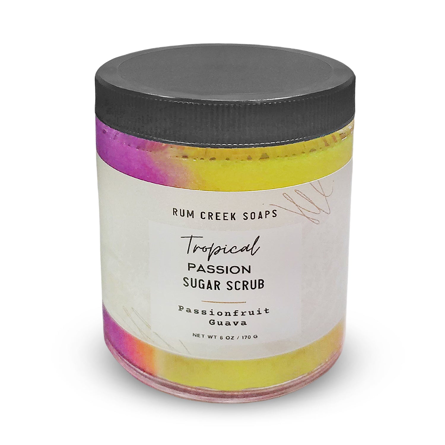 A jar of Tropical Passion Sugar Scrub showcasing its whipped texture and vibrant tropical colors, surrounded by fresh fruits like passion fruit, lime, and peach.