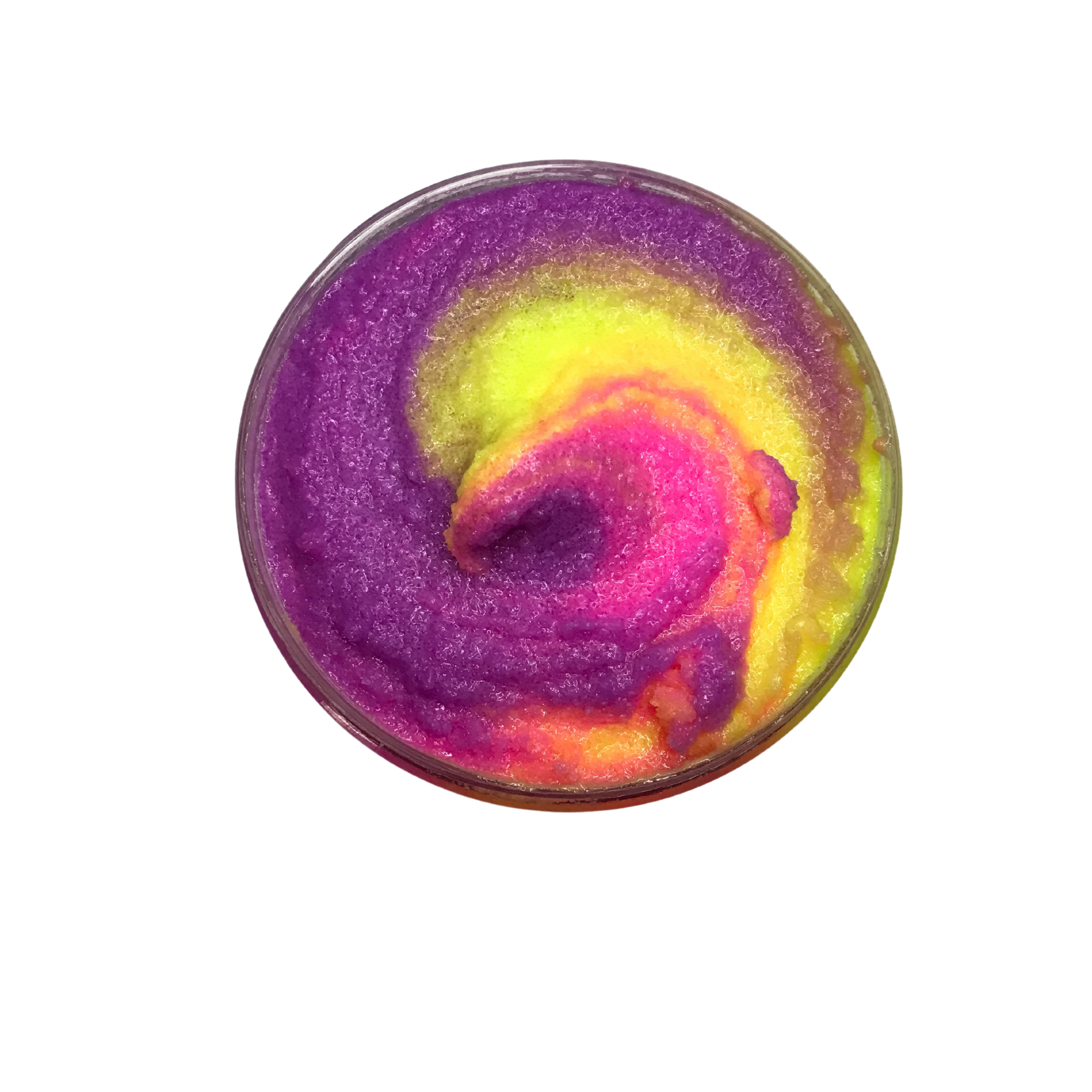 A jar of Tropical Passion Sugar Scrub showcasing its whipped texture and vibrant tropical colors, surrounded by fresh fruits like passion fruit, lime, and peach.