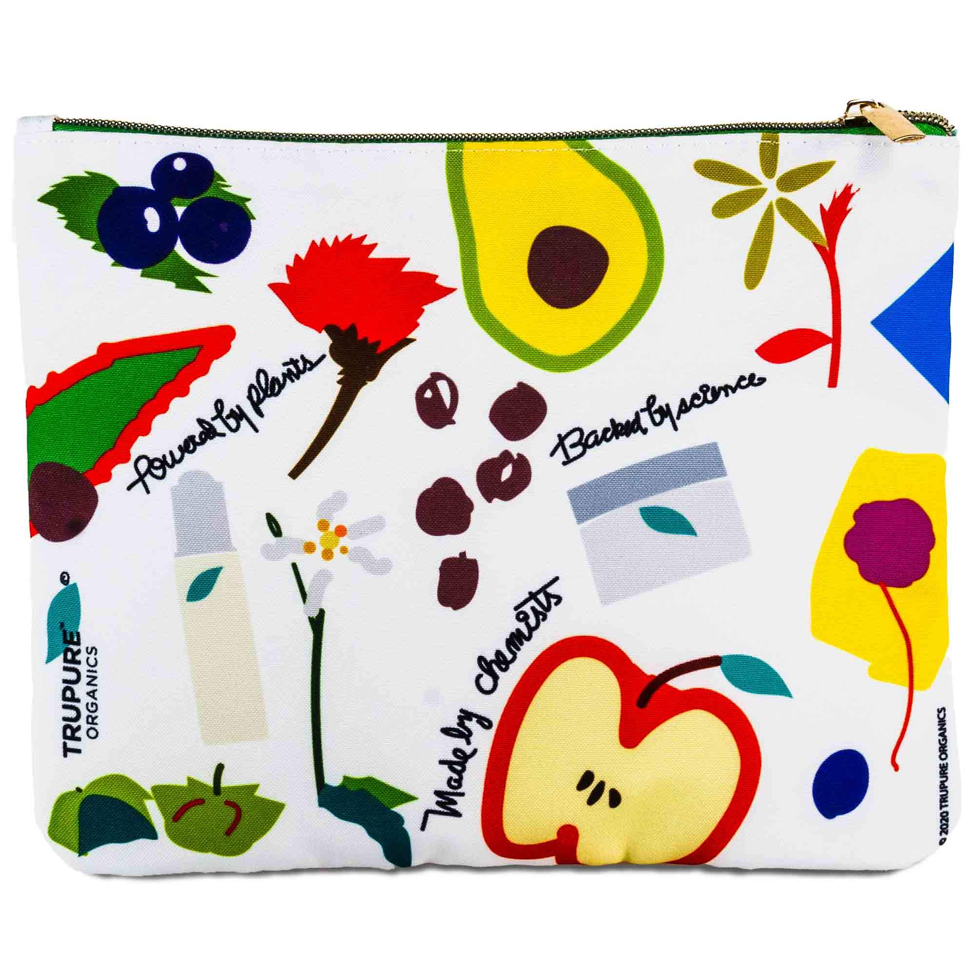 TRUPURE ORGANICS Botanical Beauty Bag featuring a vibrant botanical print, ideal for storing skincare and cosmetics securely.