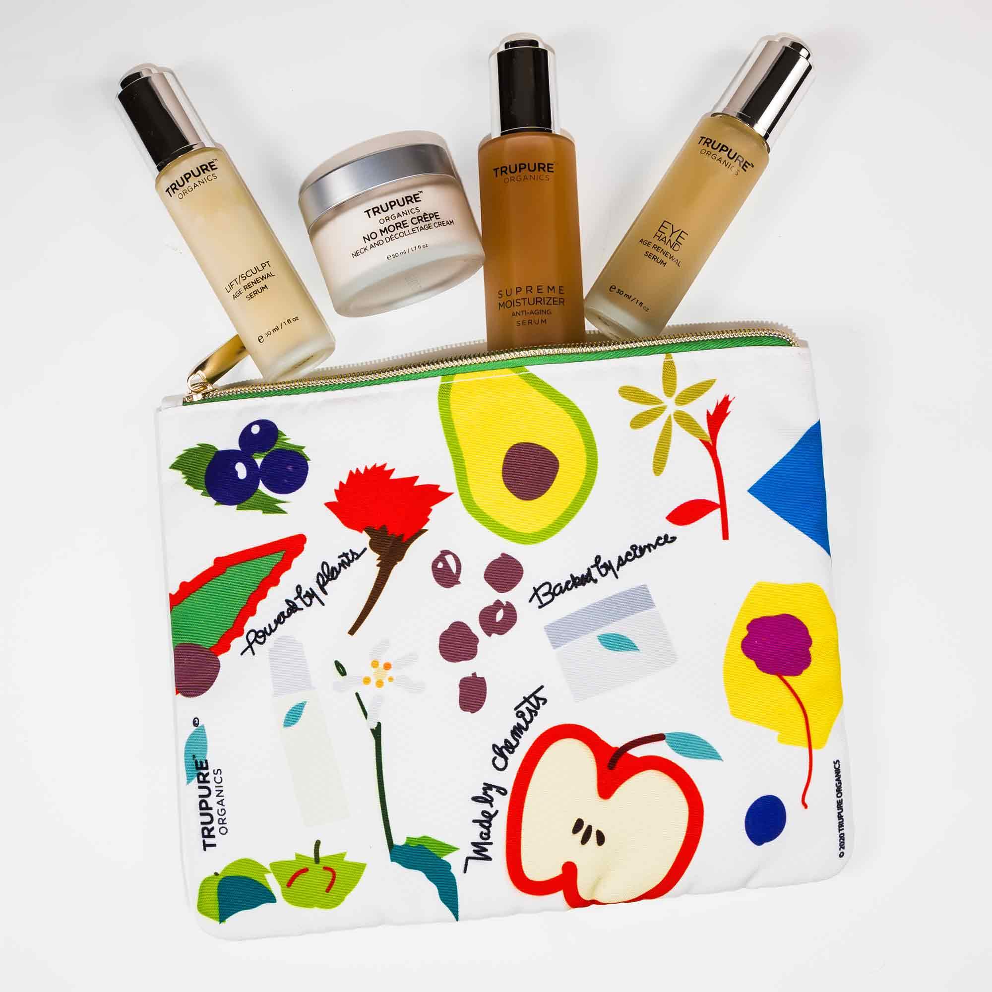 TRUPURE ORGANICS Botanical Beauty Bag featuring a vibrant botanical print, ideal for storing skincare and cosmetics securely.