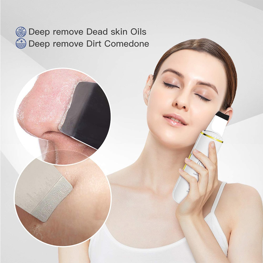 Ultrasonic Cleaner Skin Scrubber in white color, designed for deep facial cleansing and serum absorption, featuring a sleek and modern design.