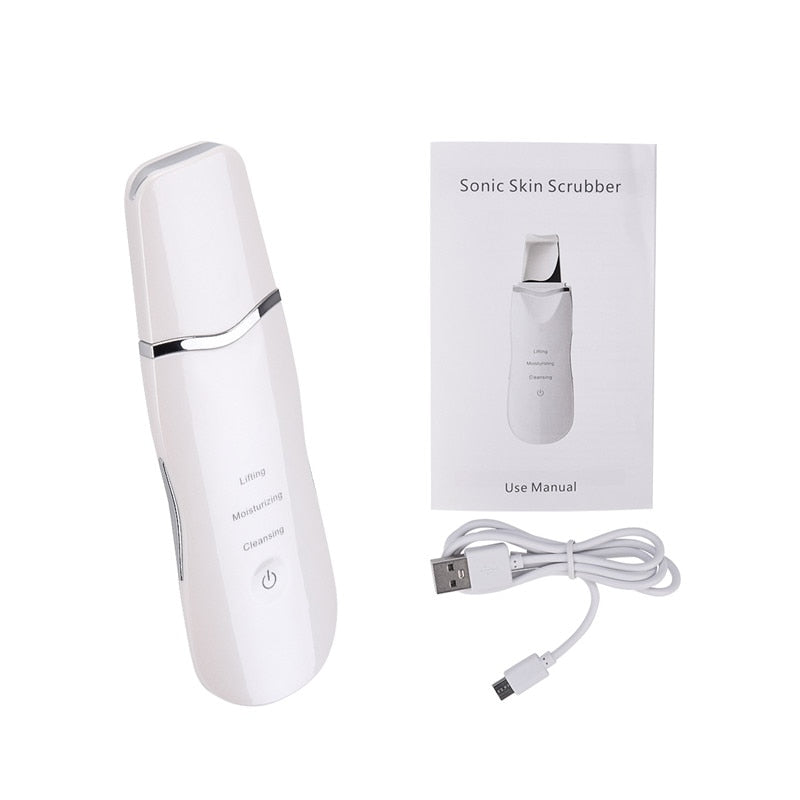 Ultrasonic Ion Deep Clean Skin Scrubber in white color with ergonomic design and touch screen interface, ideal for deep skin cleansing and exfoliation.