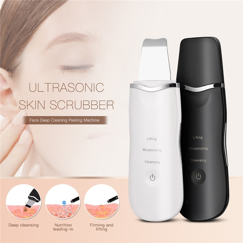 Ultrasonic Ion Deep Clean Skin Scrubber in white color with ergonomic design and touch screen interface, ideal for deep skin cleansing and exfoliation.