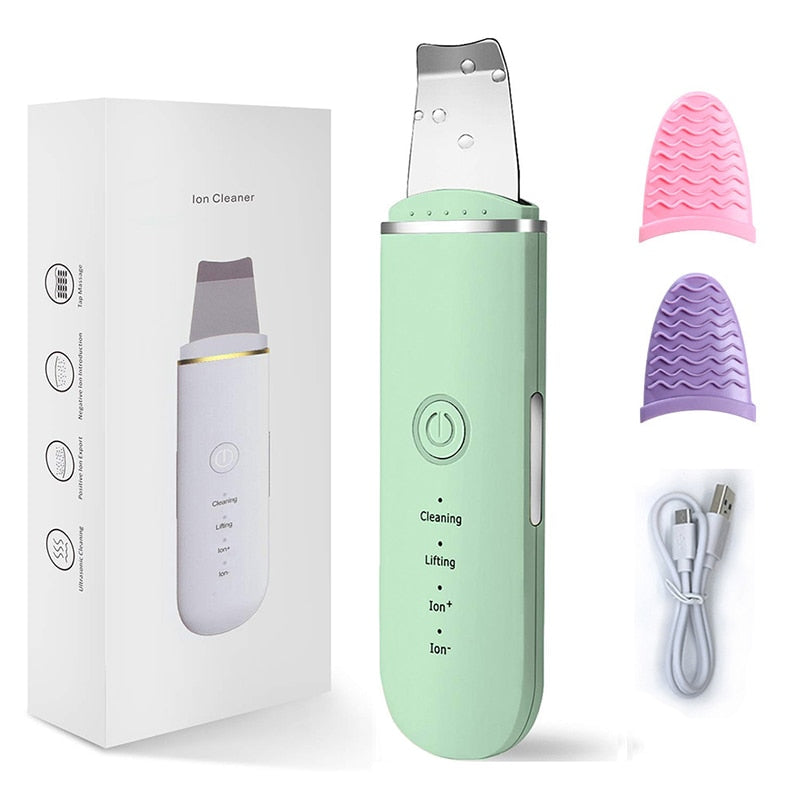 Ultrasonic Skin Scrubber with stainless shovel head and USB charging line, designed for deep facial cleansing and rejuvenation.