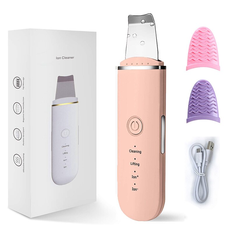 Ultrasonic Skin Scrubber with stainless shovel head and USB charging line, designed for deep facial cleansing and rejuvenation.