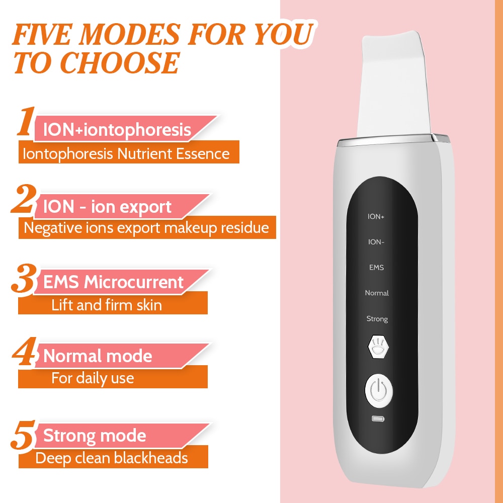 Ultrasonic Skin Scrubber EMS Microcurrent Face Lifting Machine in white, showcasing its sleek design and stainless steel head for effective skin treatment.