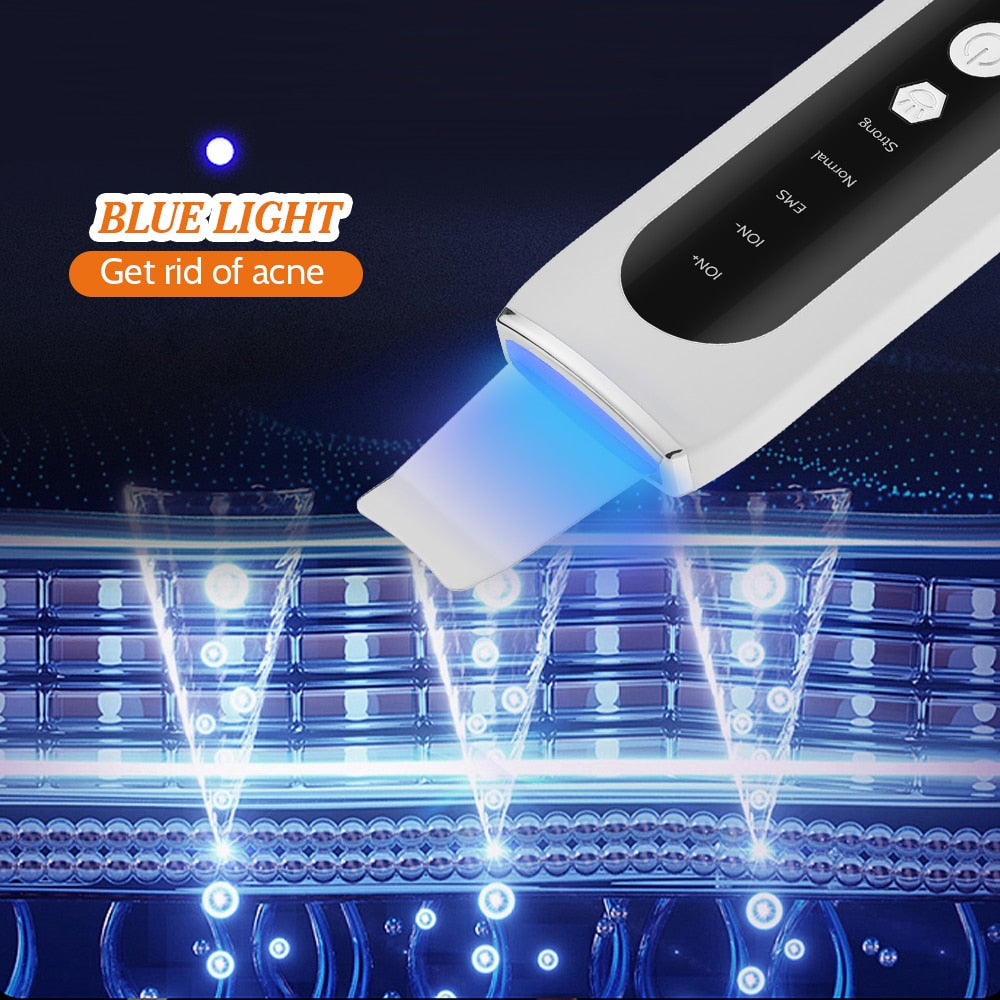 Ultrasonic Skin Scrubber EMS Microcurrent Face Lifting Machine in white, showcasing its sleek design and stainless steel head for effective skin treatment.