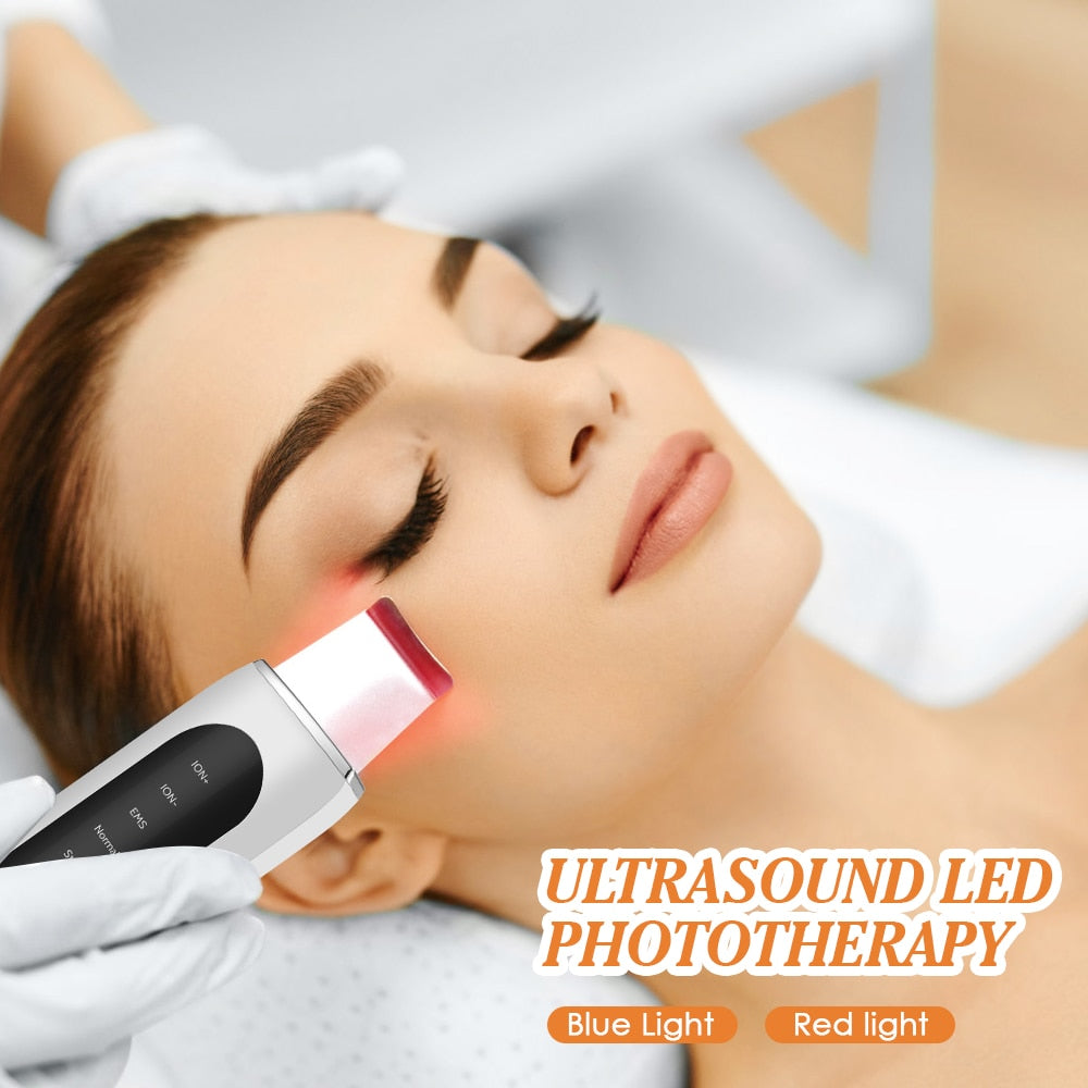 Ultrasonic Skin Scrubber EMS Microcurrent Face Lifting device in white, showcasing its sleek design and stainless steel head for effective facial treatments.
