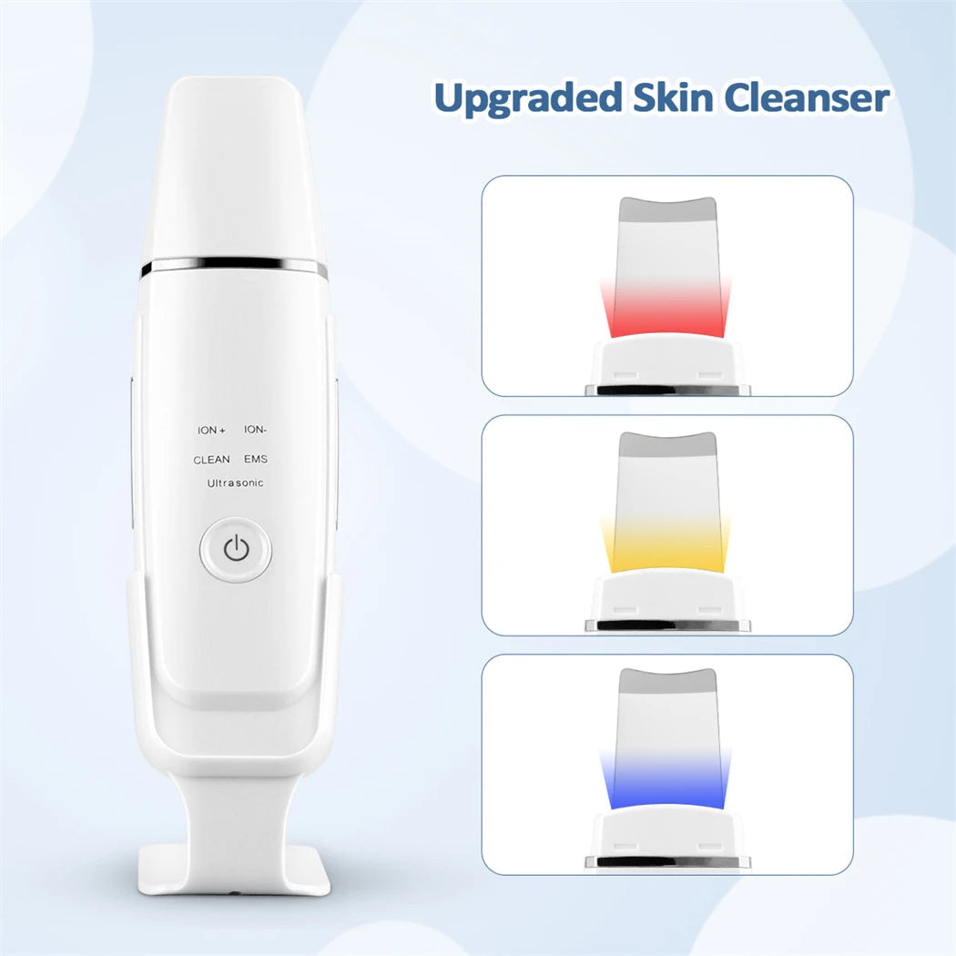 Ultrasonic Skin Scrubber with multiple modes for acne and blackhead removal, featuring a sleek design and a charging port.