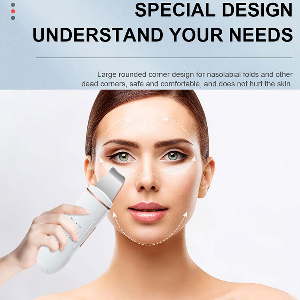 Ultrasonic Skin Scrubber Face Deep Cleaning Machine with stainless steel and plastic design, showcasing its sleek white finish and compact size.