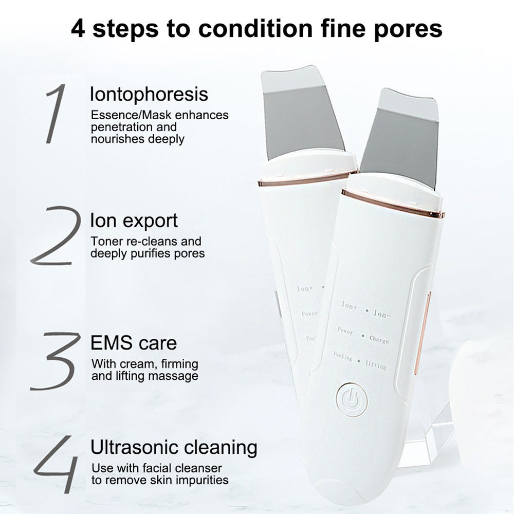 Ultrasonic Skin Scrubber Face Deep Cleaning Machine with stainless steel and plastic design, showcasing its sleek white finish and compact size.