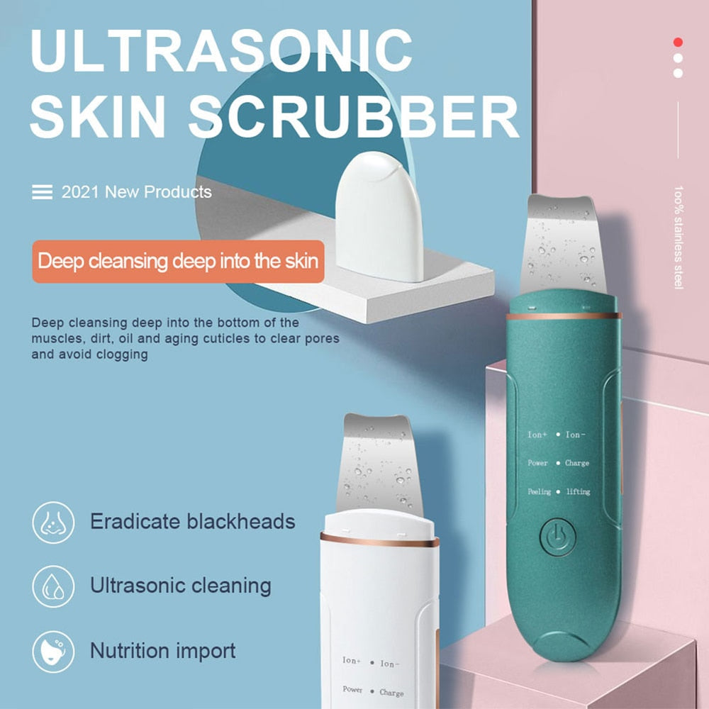 Ultrasonic Skin Scrubber Face Deep Cleaning Machine in white, showcasing its sleek design and features for effective facial cleansing.