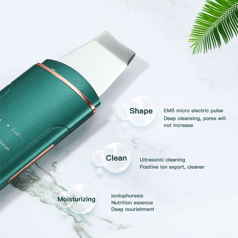 Ultrasonic Skin Scrubber Face Deep Cleaning Machine in white, showcasing its sleek design and features for effective facial cleansing.