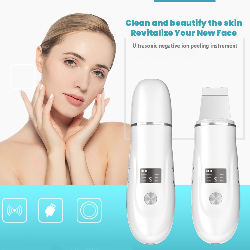 Ultrasonic Skin Scrubber for facial peeling and blackhead removal, featuring a sleek design and ergonomic shape for easy handling.