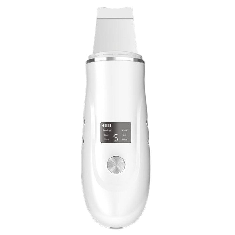Ultrasonic Skin Scrubber for facial peeling and blackhead removal, featuring a sleek design and ergonomic shape for easy handling.