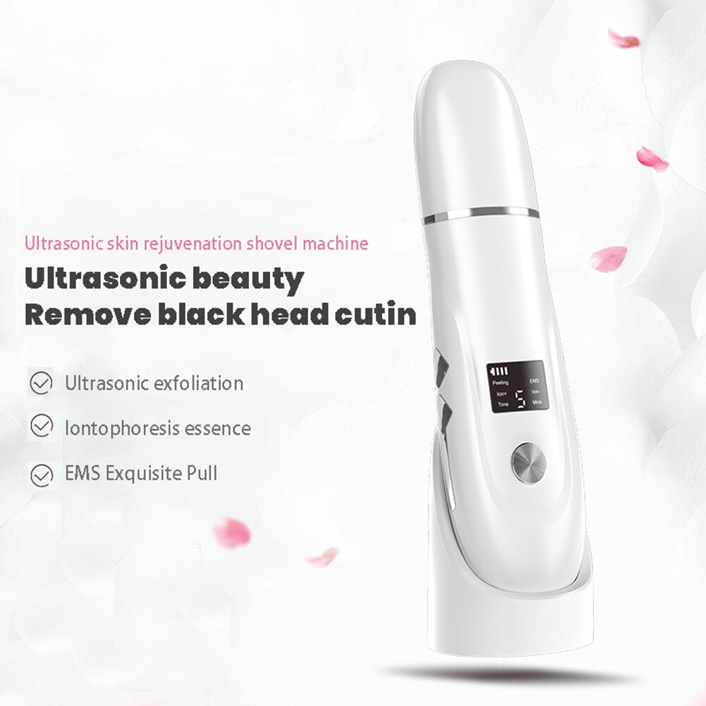 Ultrasonic Skin Scrubber for facial peeling and blackhead removal, featuring a sleek design and ergonomic shape for easy handling.