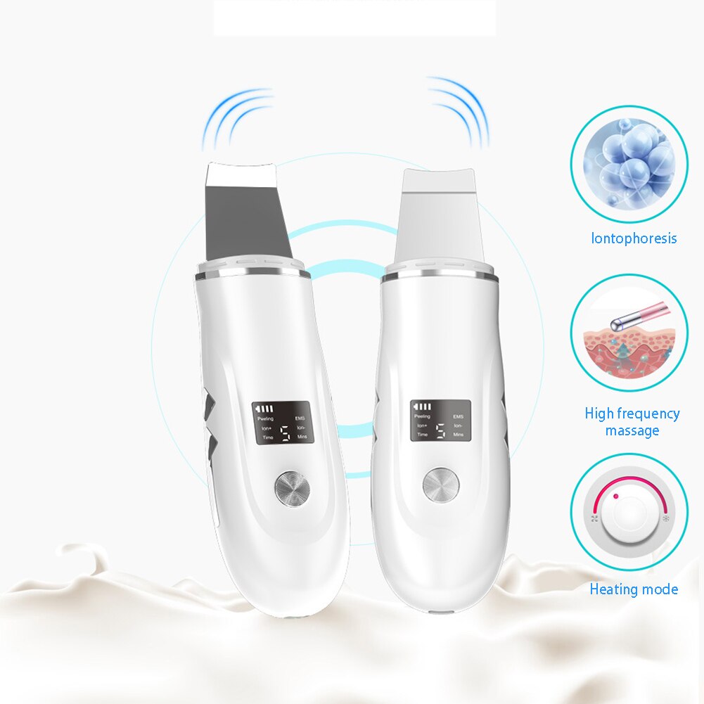 Ultrasonic Skin Scrubber for facial peeling and blackhead removal, featuring a sleek design and ergonomic shape for easy handling.