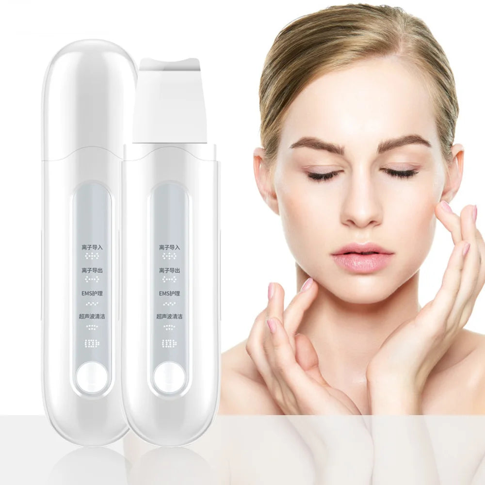 Ultrasonic Skin Scrubber device with a sleek design, USB charging port, and protective cap, ideal for deep pore cleansing.