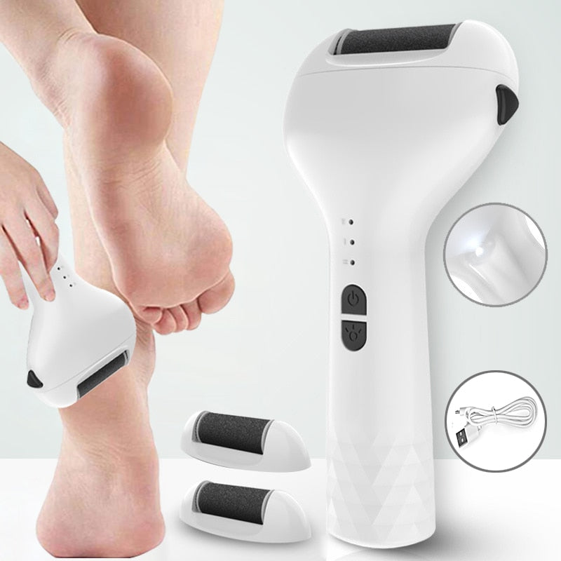Portable electric foot file with USB charging, featuring three rollers and two speed settings for effective hard skin removal.