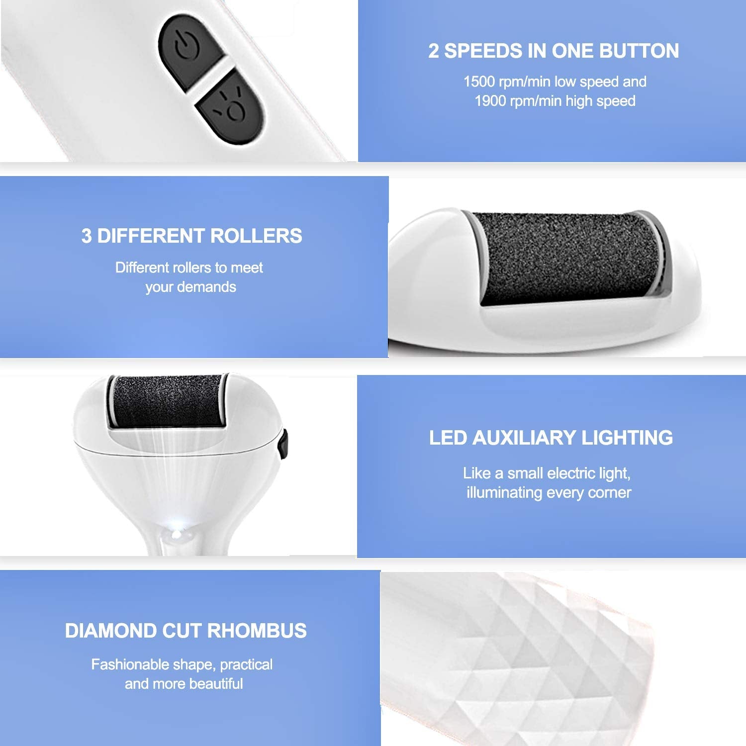Portable electric foot file with USB charging, featuring three rollers and two speed settings for effective hard skin removal.