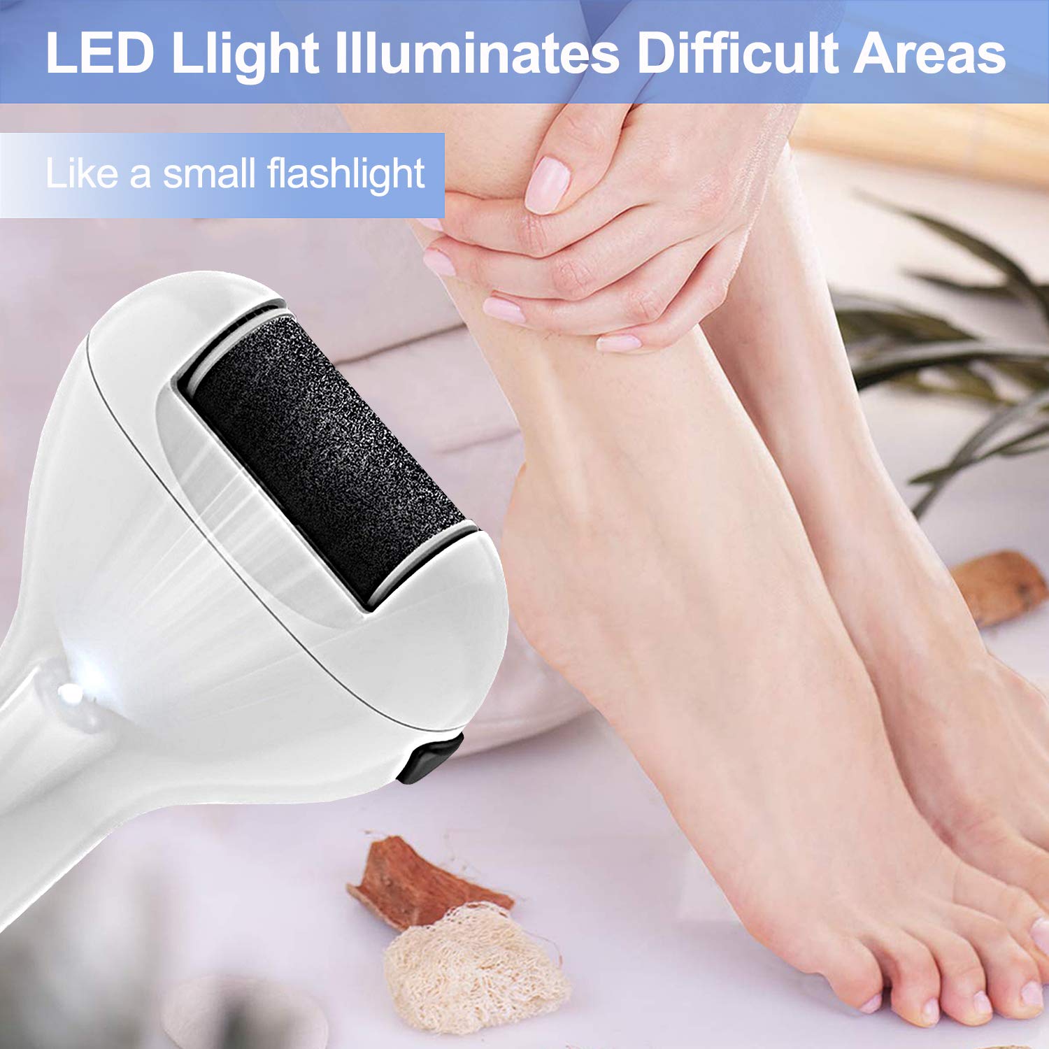 Portable electric foot file with USB charging, featuring three rollers and two speed settings for effective hard skin removal.