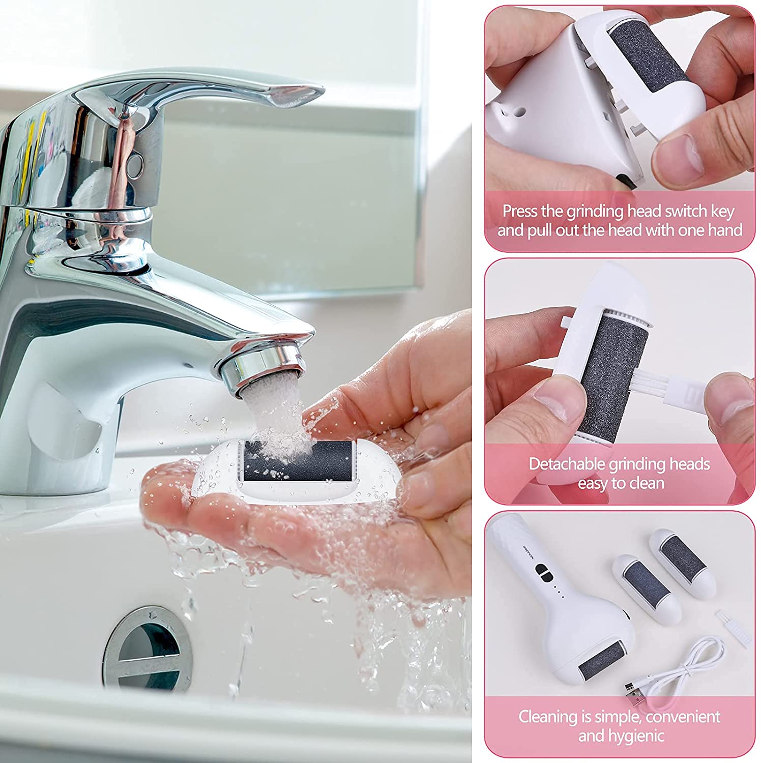 Portable electric foot file with USB charging, featuring three rollers and two speed settings for effective hard skin removal.