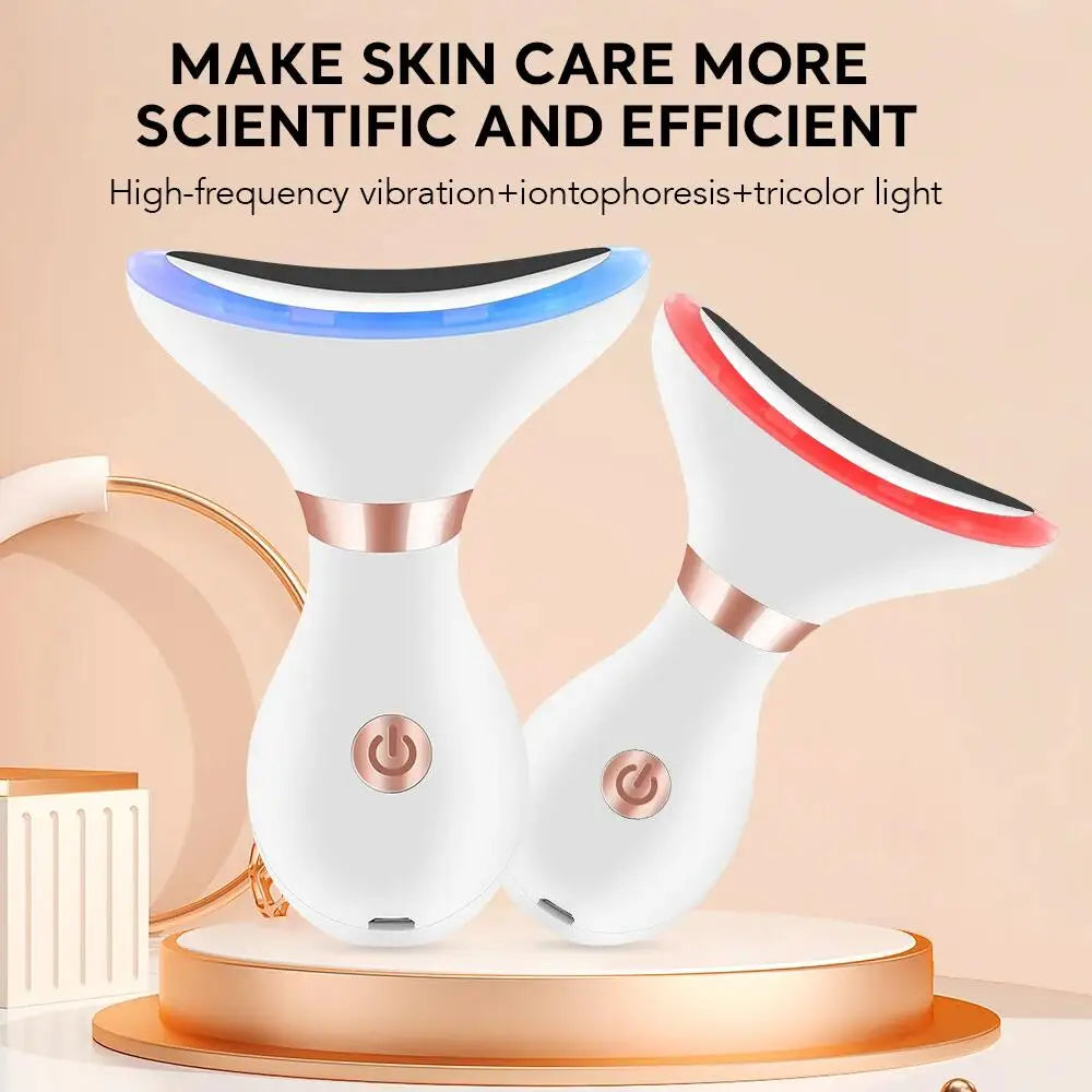 V Face Neck Lifting Massager EMS Beauty Device in white, designed for skin rejuvenation and wrinkle reduction with heating and LED features.