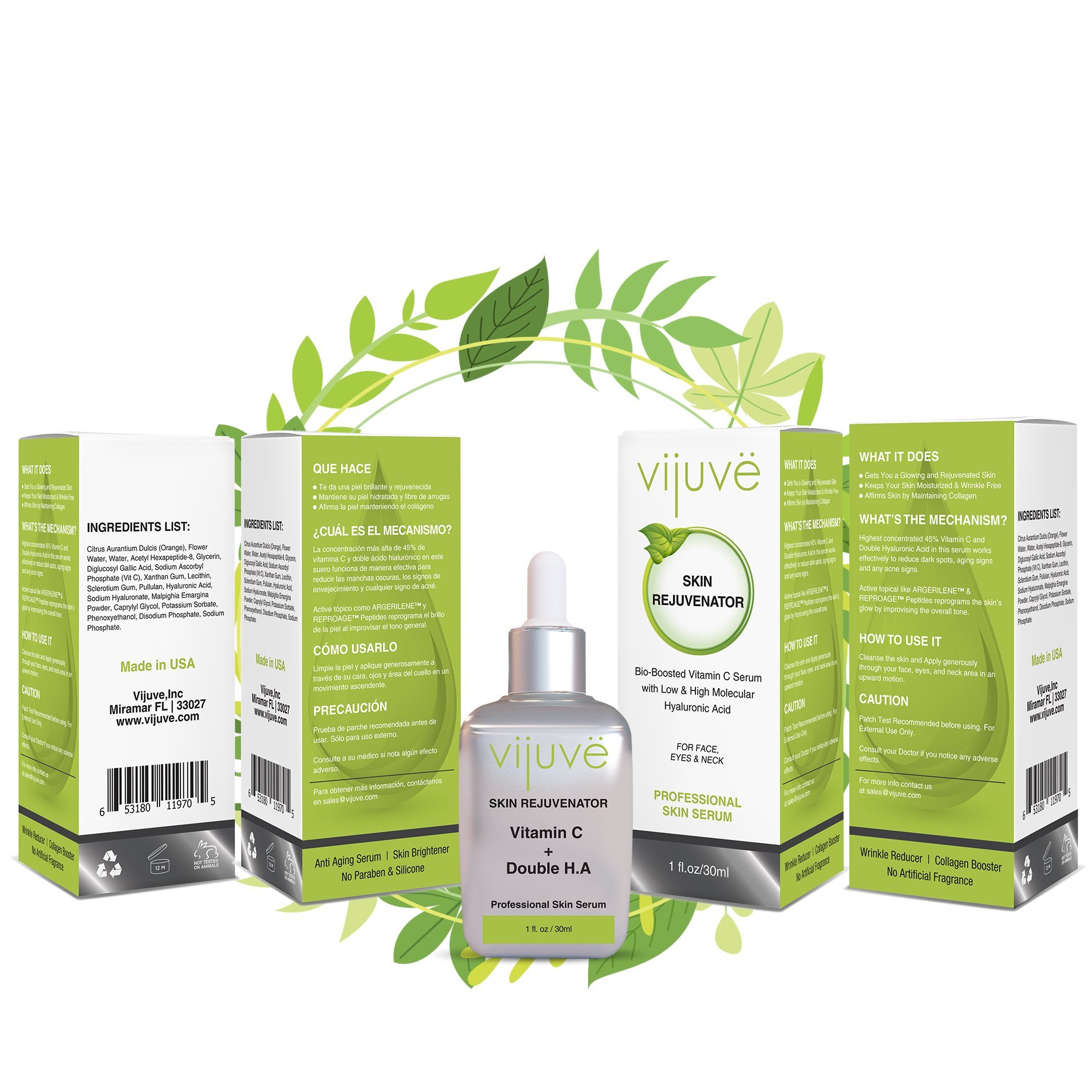 VIJUVE Vitamin C Serum bottle with a sleek design, showcasing its vibrant label and dropper top, set against a soft background.