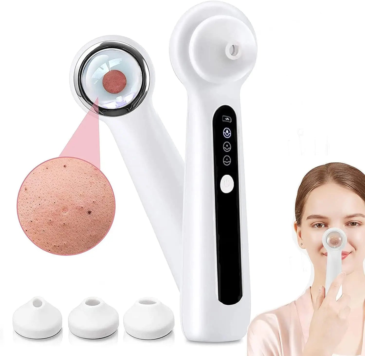 Visible Electric Blackhead Remover Vacuum with magnifier, featuring a sleek white design and multiple suction tips for effective acne cleaning.