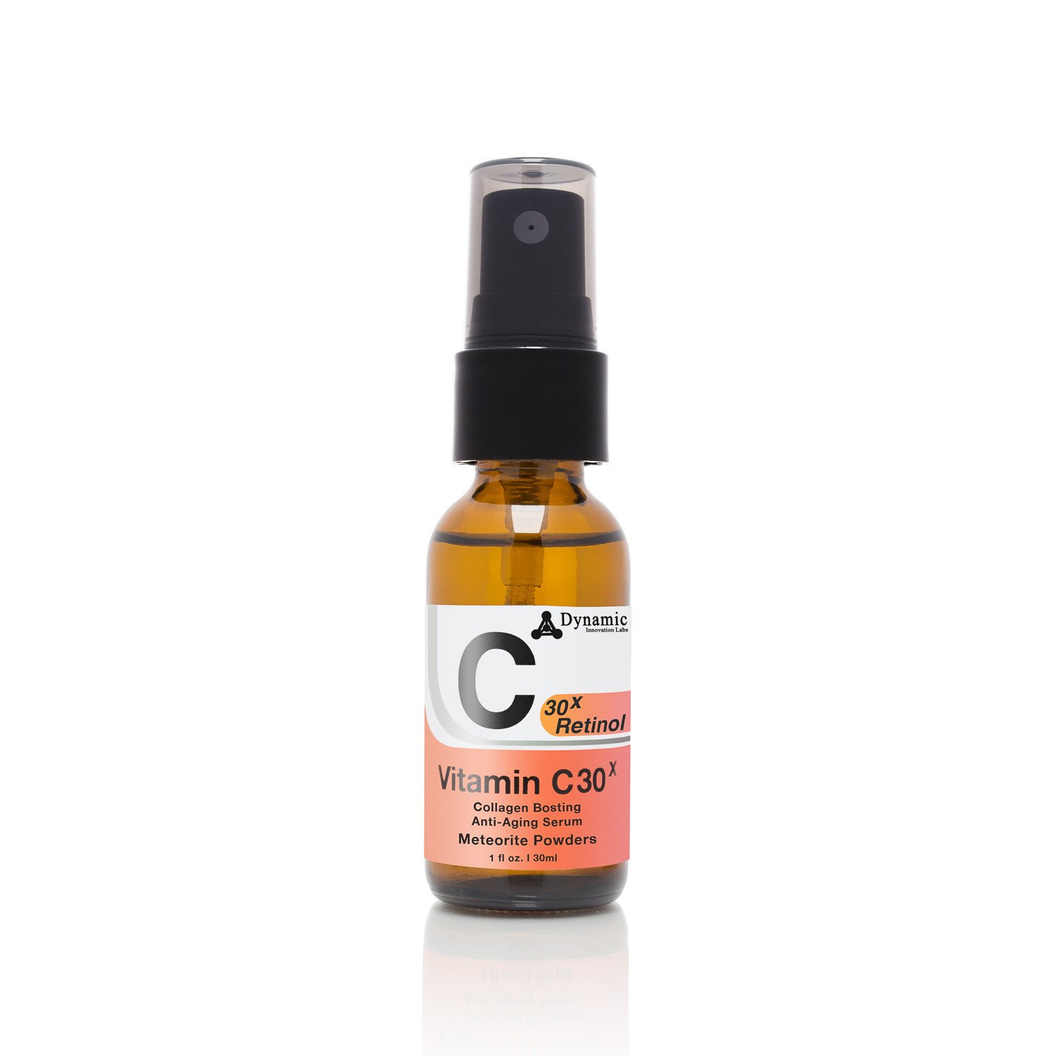 Vitamin C30X Collagen Boosting Anti-Aging Serum bottle with a dropper, showcasing its elegant design and vibrant packaging.