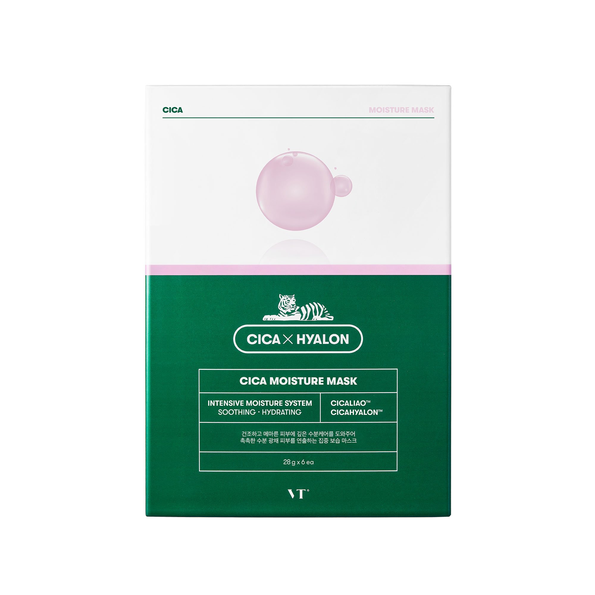 VT CICA Moisture Mask pack featuring six individual masks designed for hydration and soothing dry, sensitive skin.