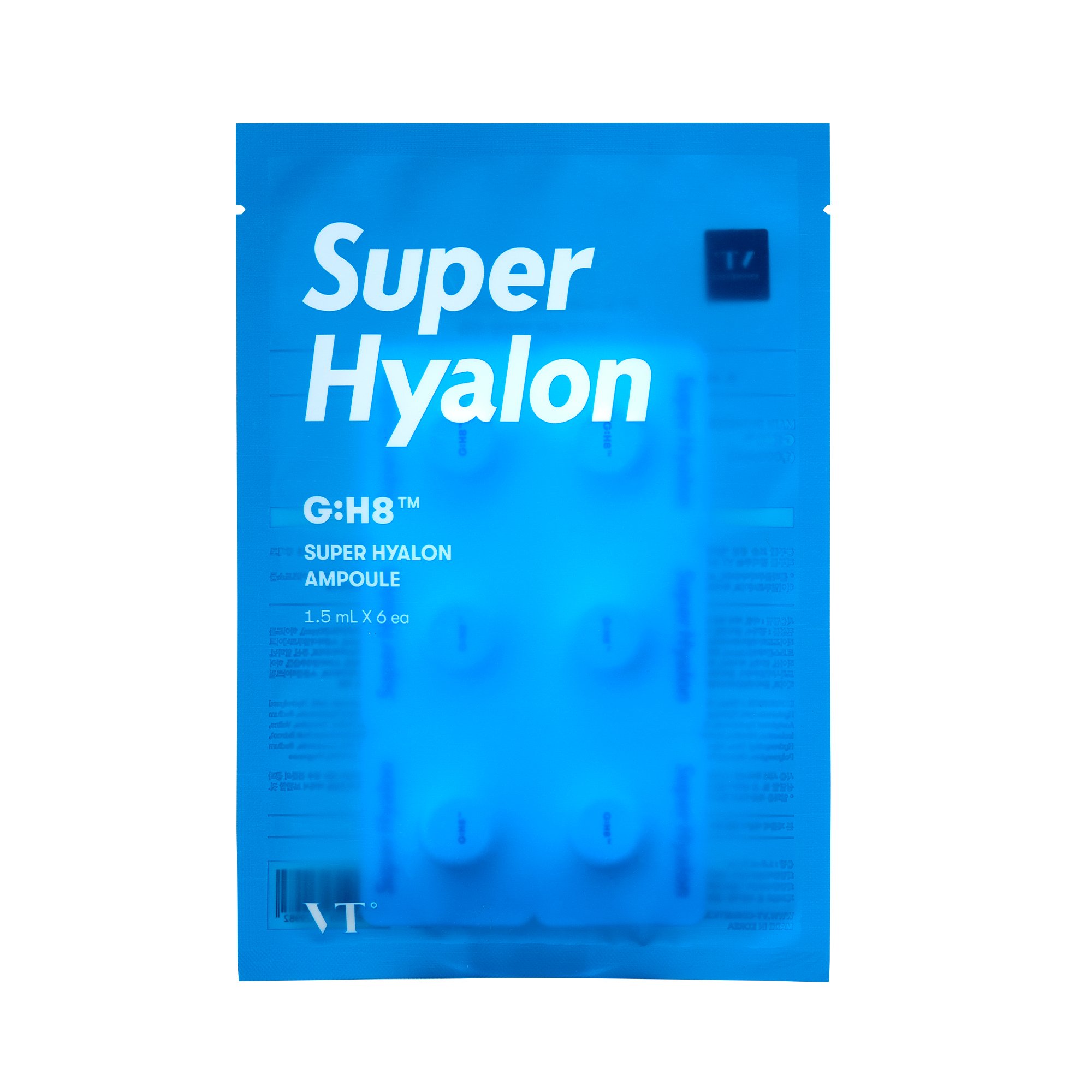 VT Super Hyalon Ampoule packaging with six individual ampoules designed for deep hydration and skin nourishment.