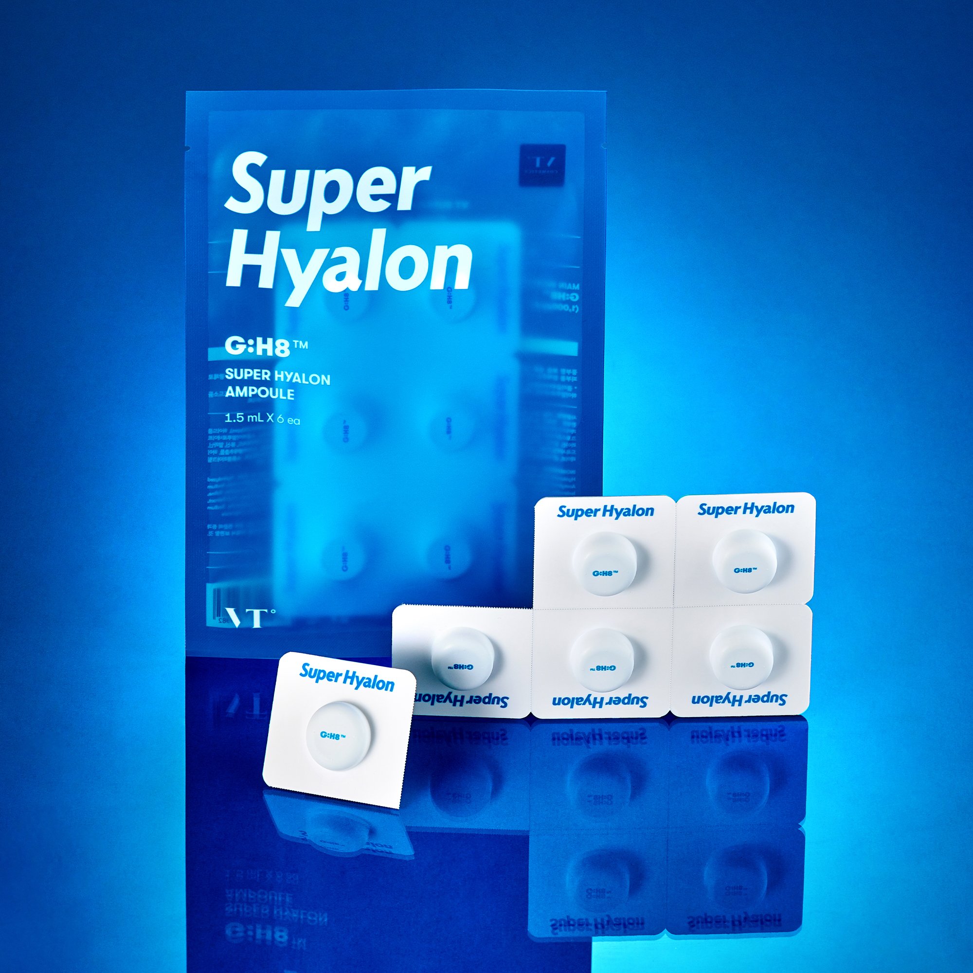 VT Super Hyalon Ampoule packaging with six individual ampoules designed for deep hydration and skin nourishment.