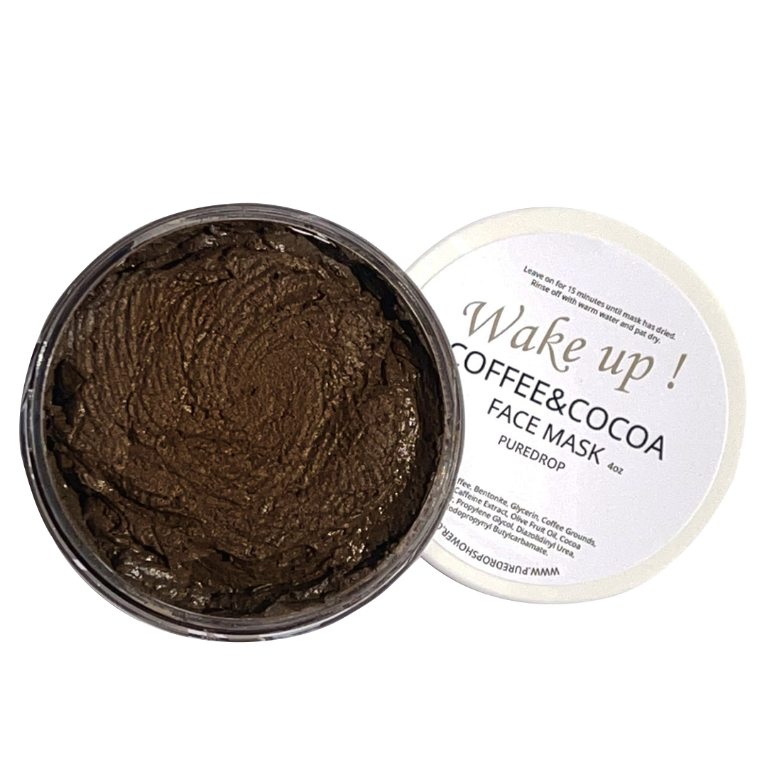 Wake up Coffee & Cocoa facial/body mask in a jar, showcasing its rich, dark brown texture with coffee grounds visible.