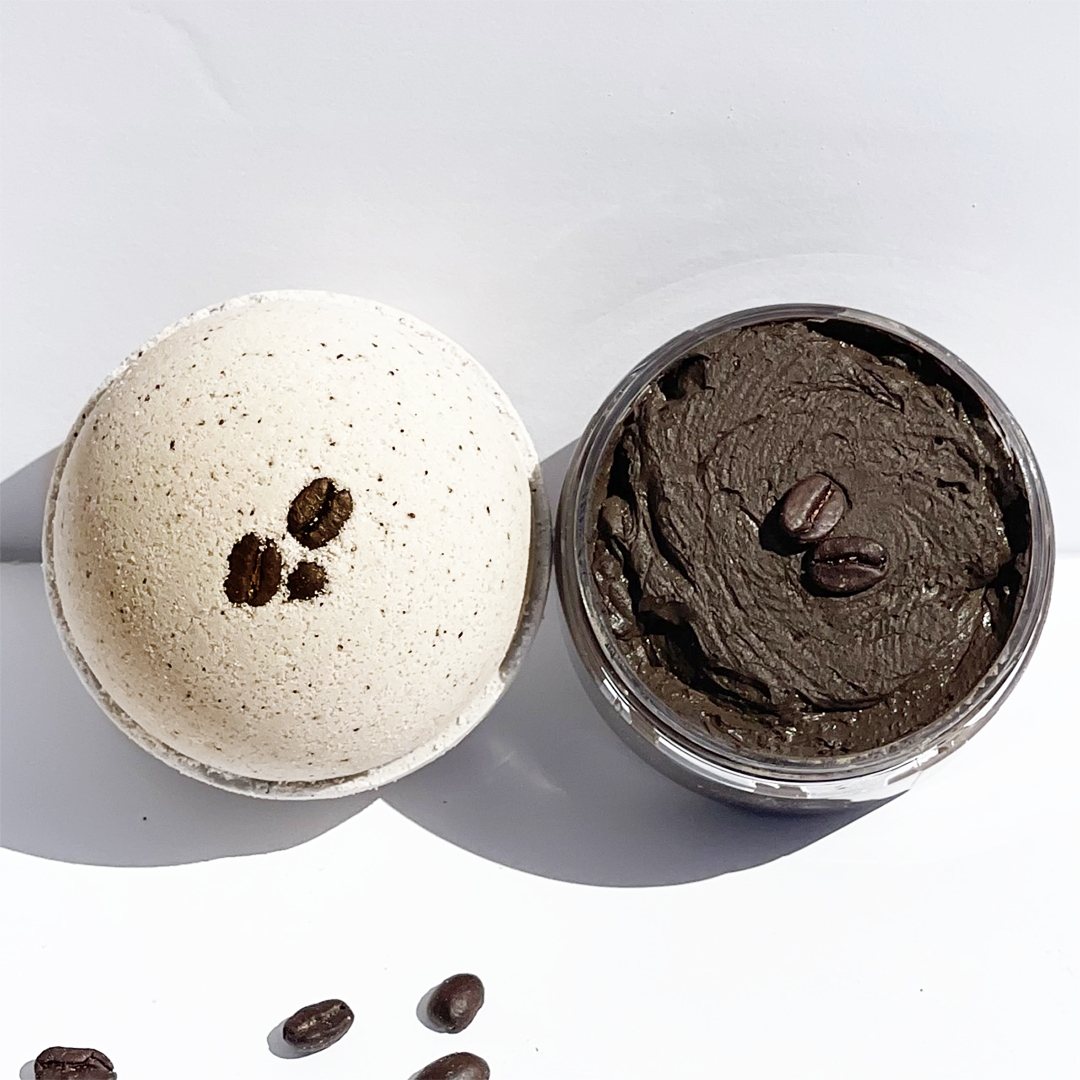 Wake up Coffee & Cocoa facial/body mask in a jar, showcasing its rich, dark brown texture with coffee grounds visible.