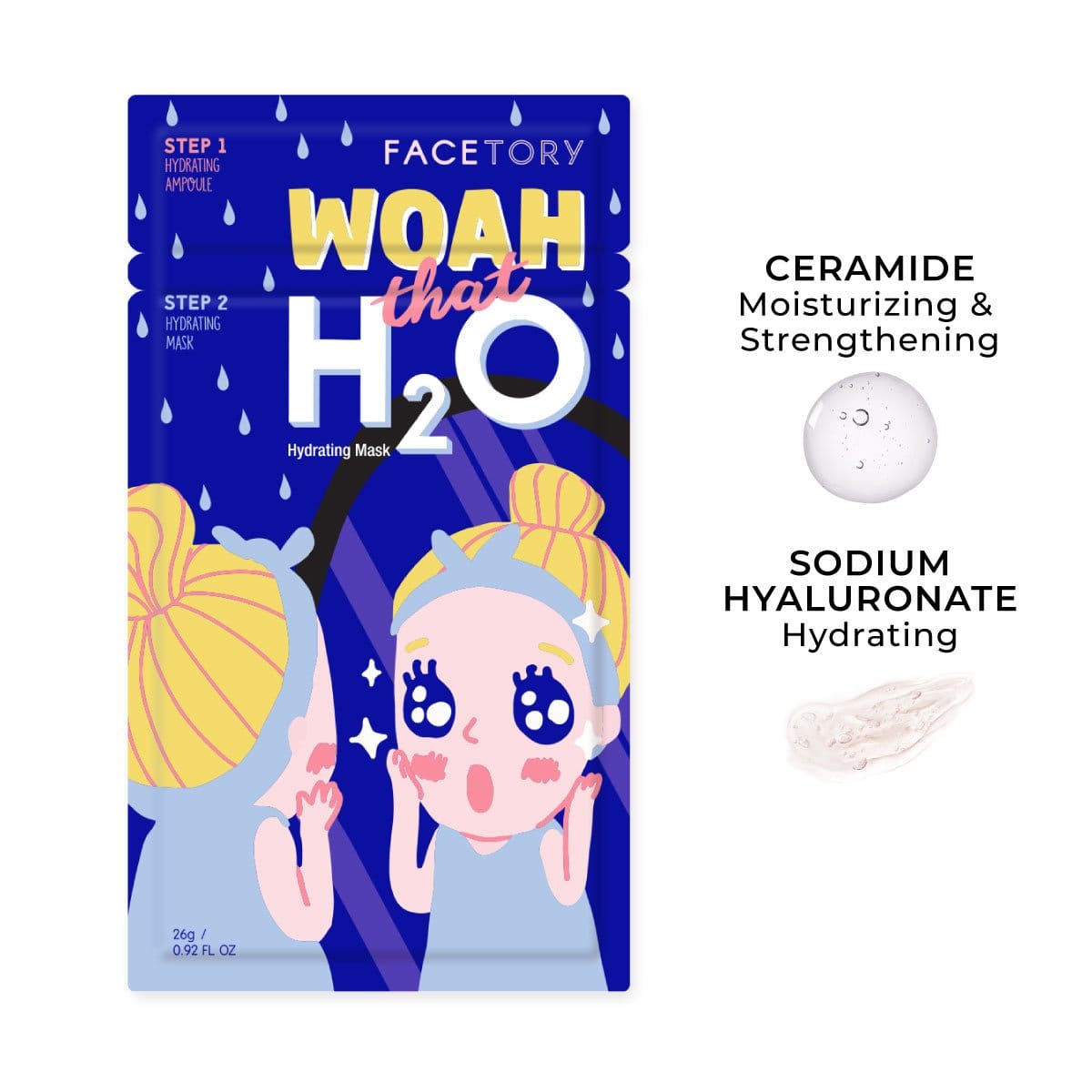 Woah That H2O 2-Step Sheet Mask featuring a cupra sheet and ampoule for hydration.