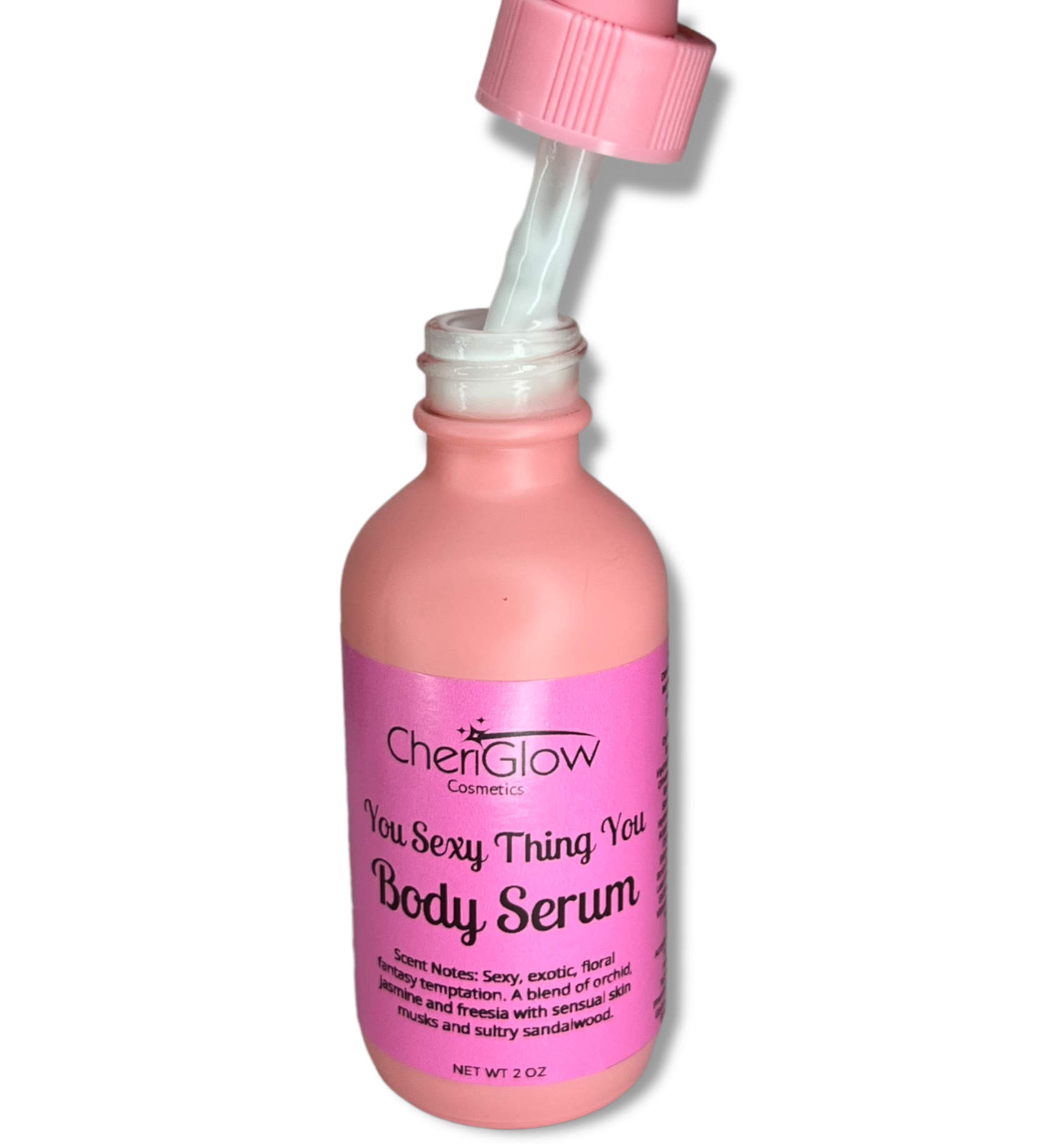 You Sexy Thing You Body Serum bottle with a luxurious design, showcasing its rich ingredients and floral scent notes.
