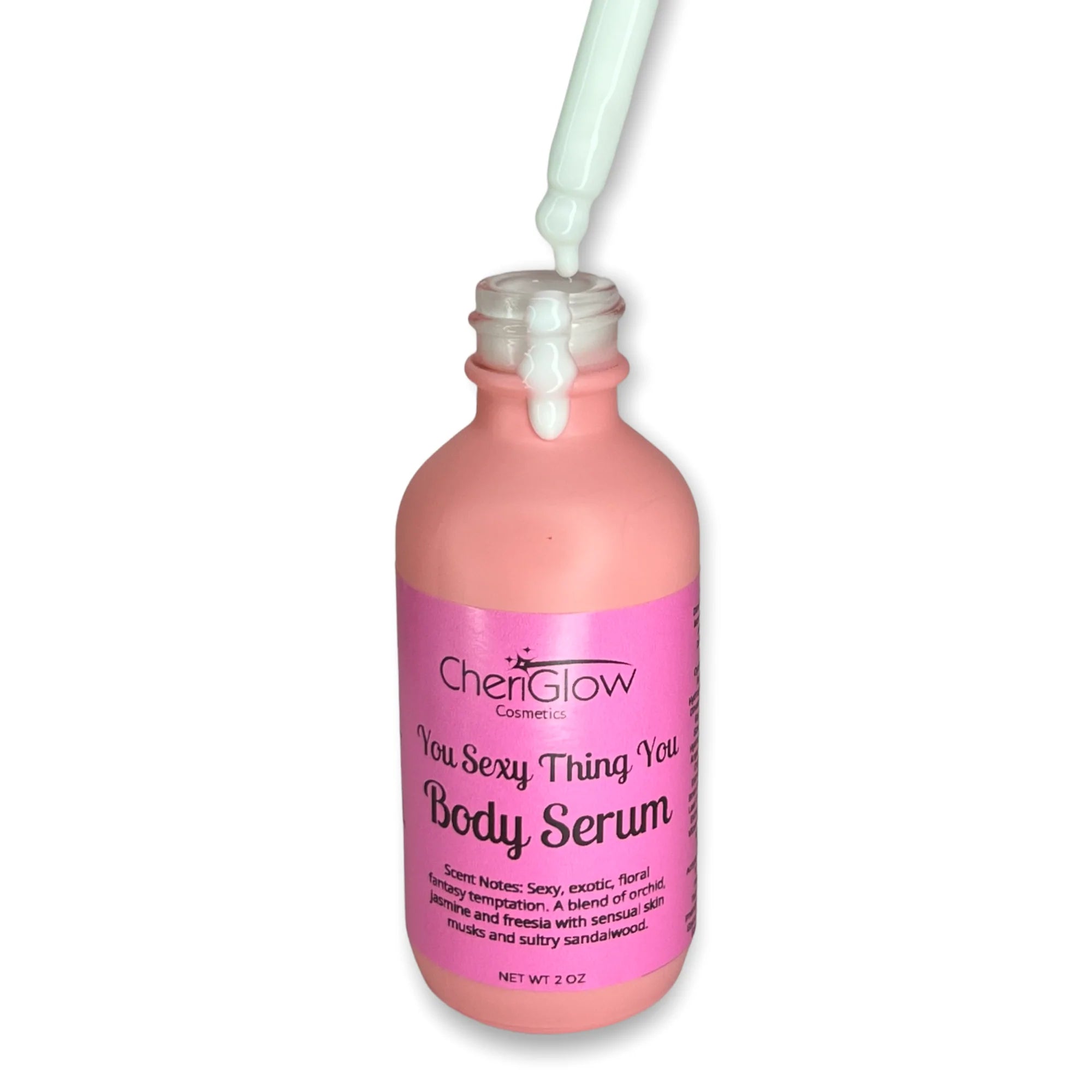 You Sexy Thing You Body Serum bottle with a luxurious design, showcasing its rich ingredients and floral scent notes.