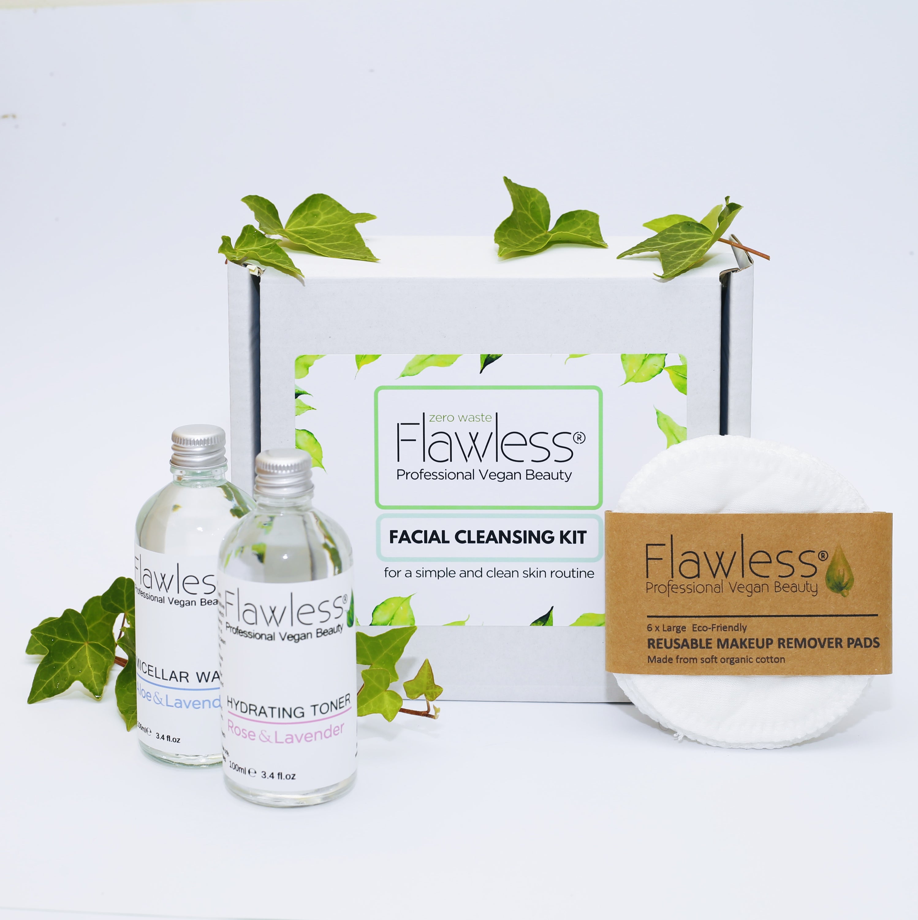 Zero Waste Facial Cleansing Kit featuring micellar water, hydrating toner, reusable cotton pads, and a laundry bag in eco-friendly packaging.