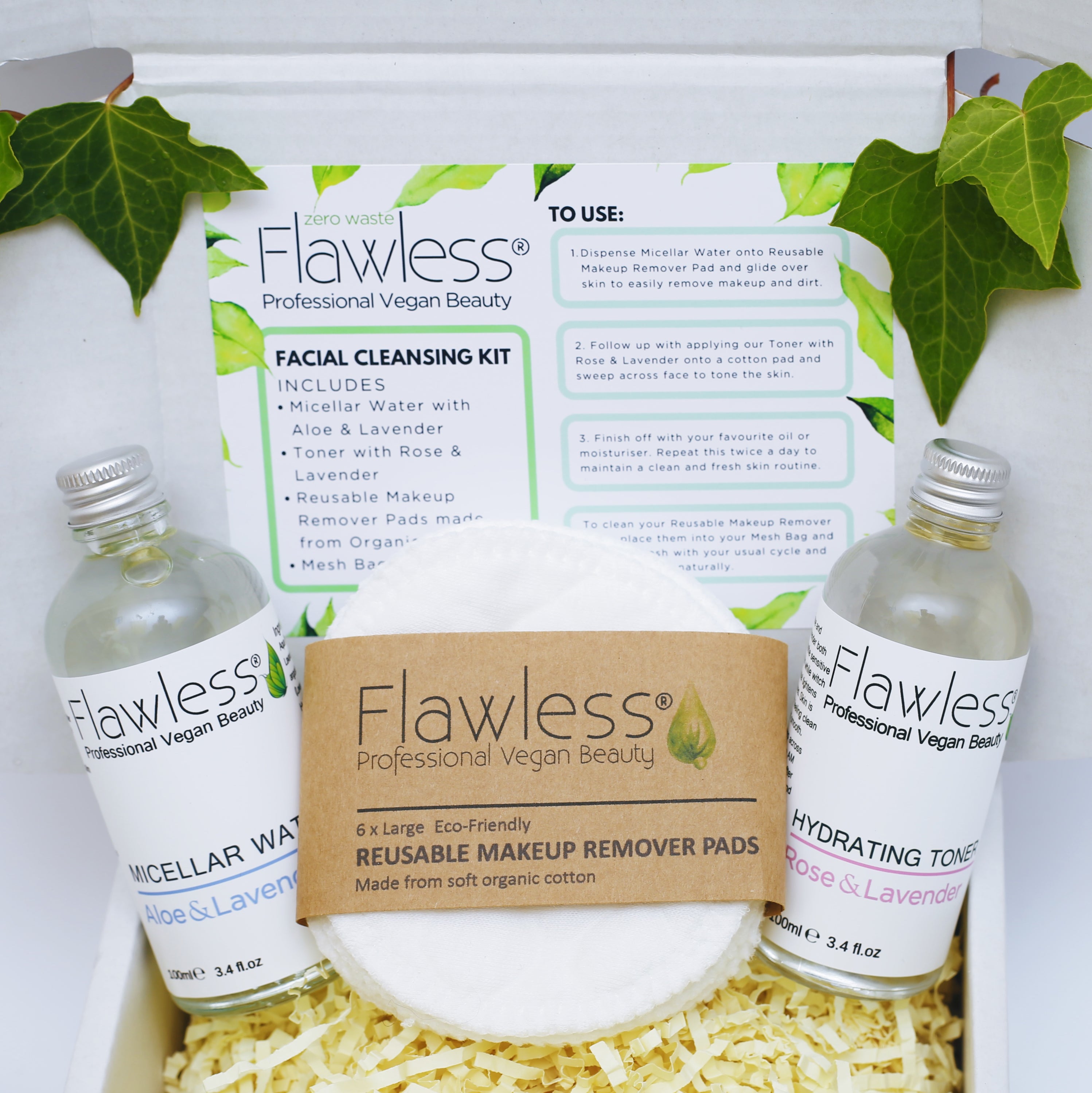 Zero Waste Facial Cleansing Kit featuring micellar water, hydrating toner, reusable cotton pads, and a laundry bag in eco-friendly packaging.